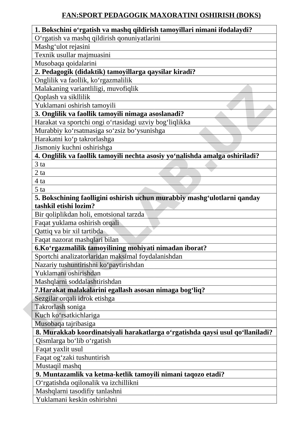 Sport pedagogik mahoratini oshirish (boks) fanidan test savollari