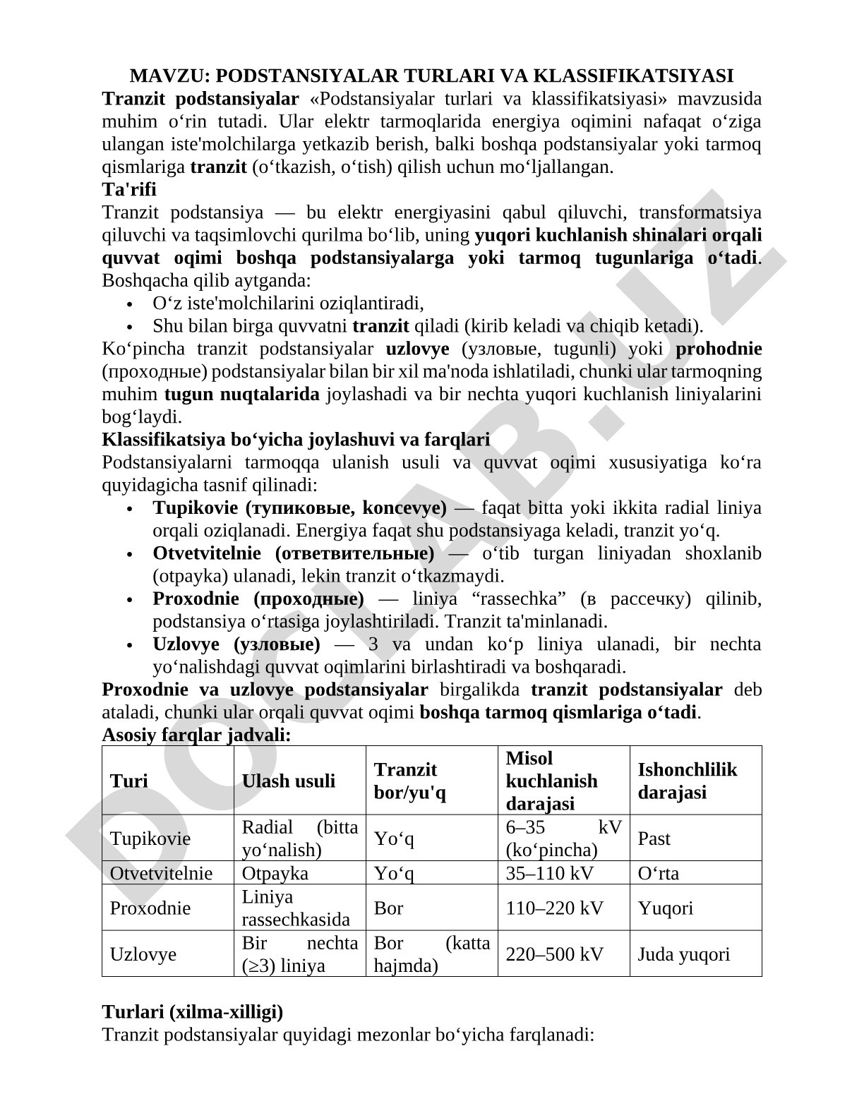 Podstansiyalar turlari va klassifikatsiyasi