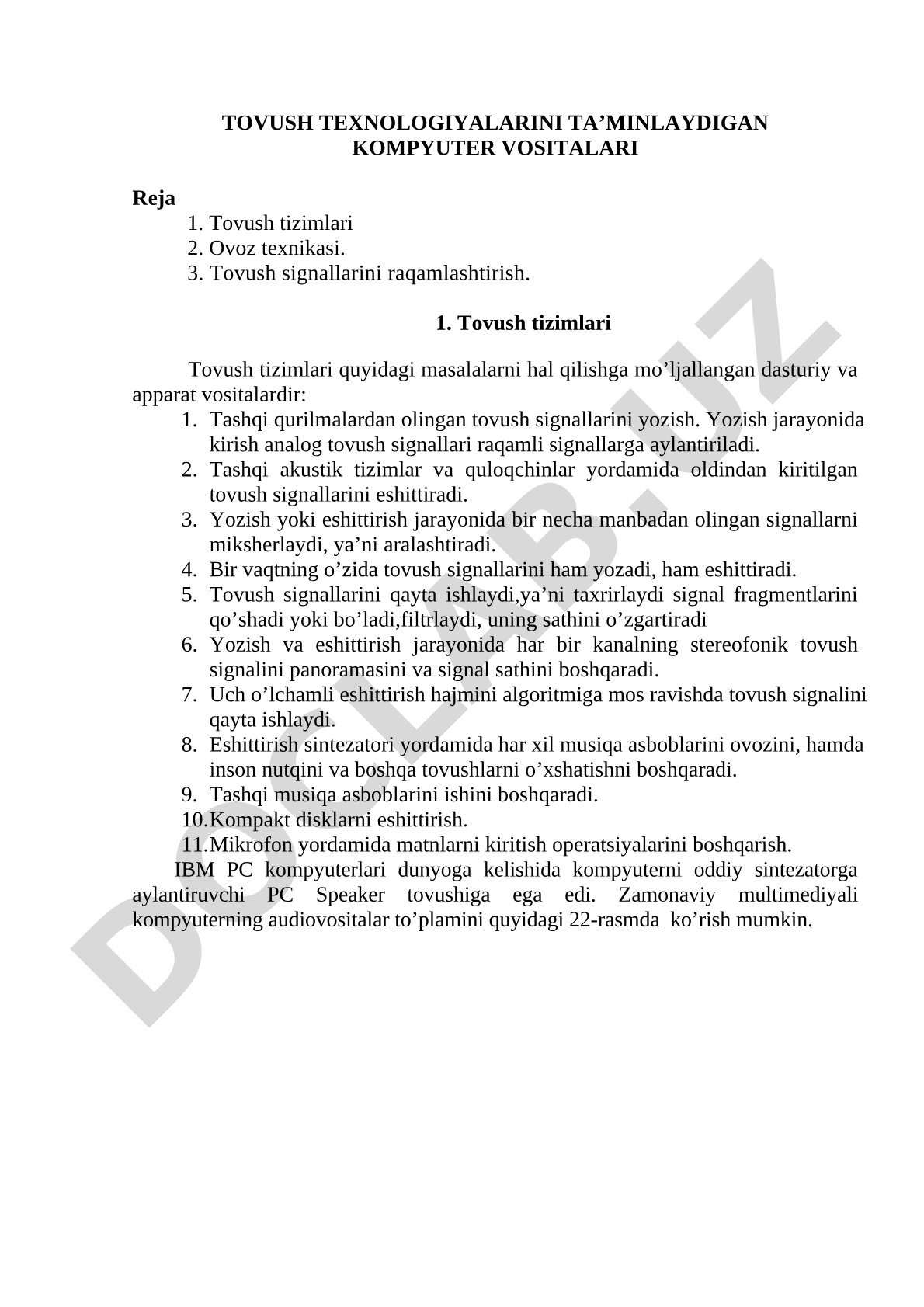 TOVUSH TEXNOLOGIYALARINI TA'MINLAYDIGAN KOMPYUTER VOSITALARI