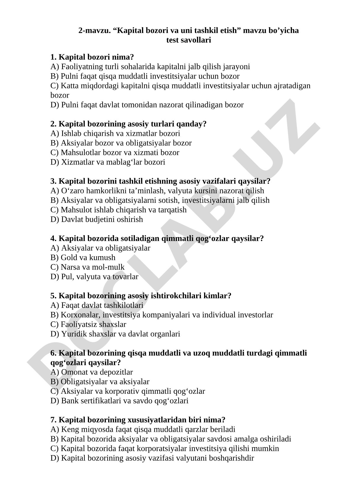 Kapital bozori va uni tashkil etish