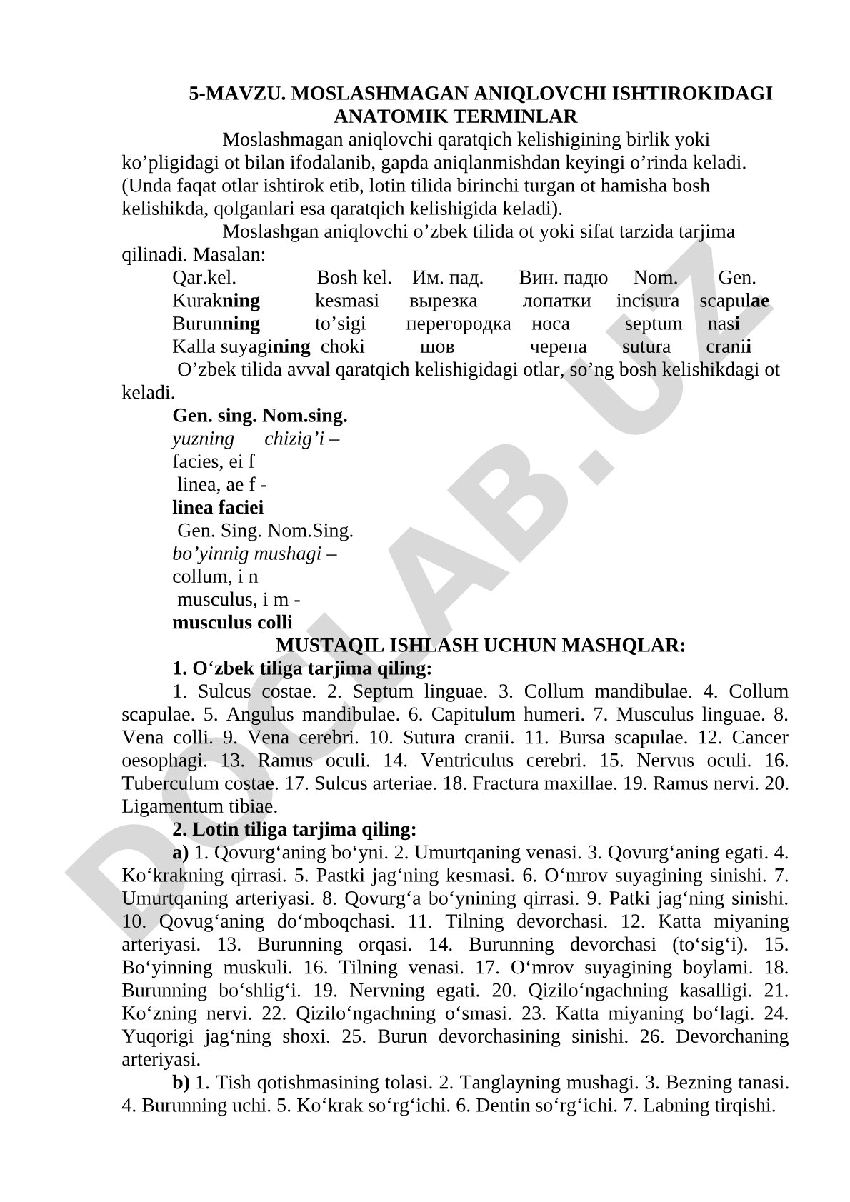 Moslashmagan aniqlovchi ishtirokidagi anatomik terminlar