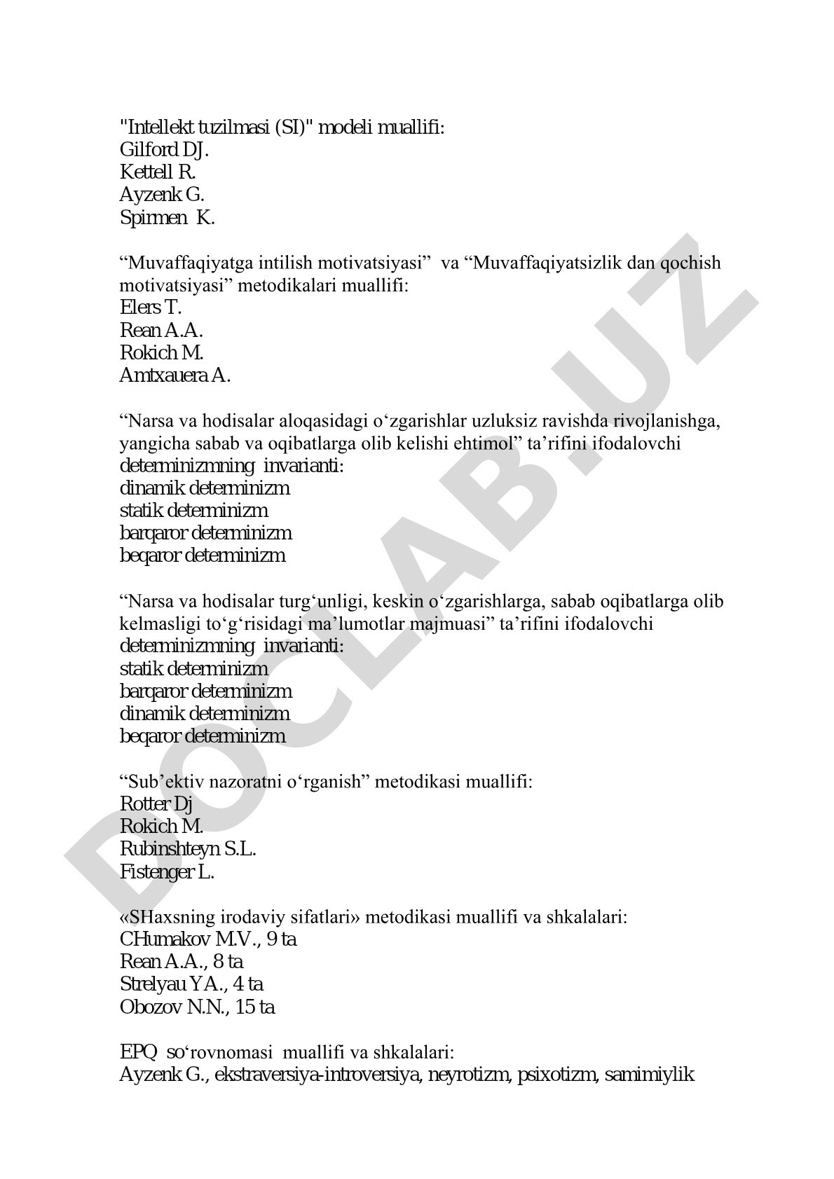Intellekt tuzilmasi, motivatsiya, shaxs xususiyatlari va metodikalari bo'yicha test