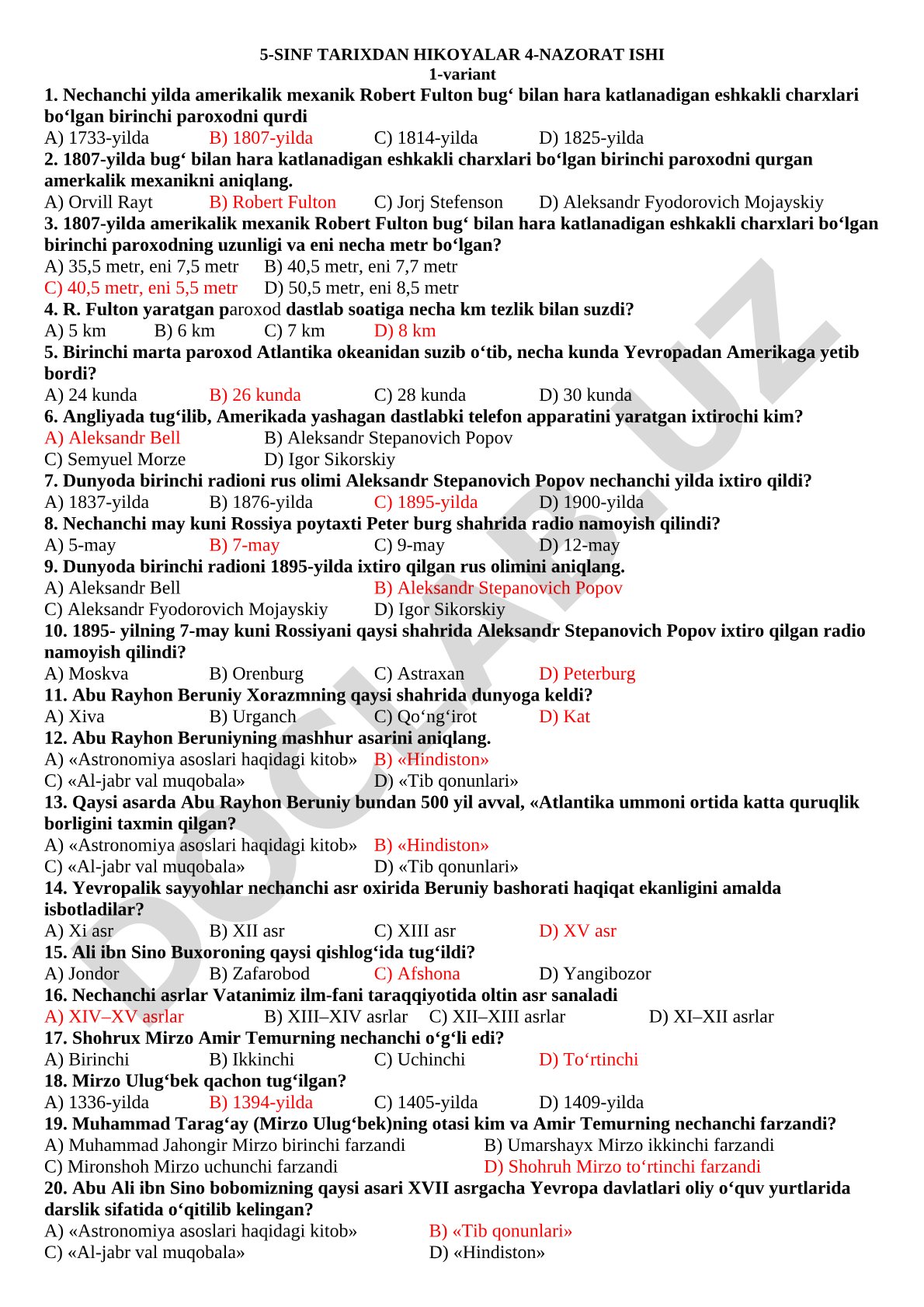 5-sinf tarixdan hikoyalar 4-nazorat ishi