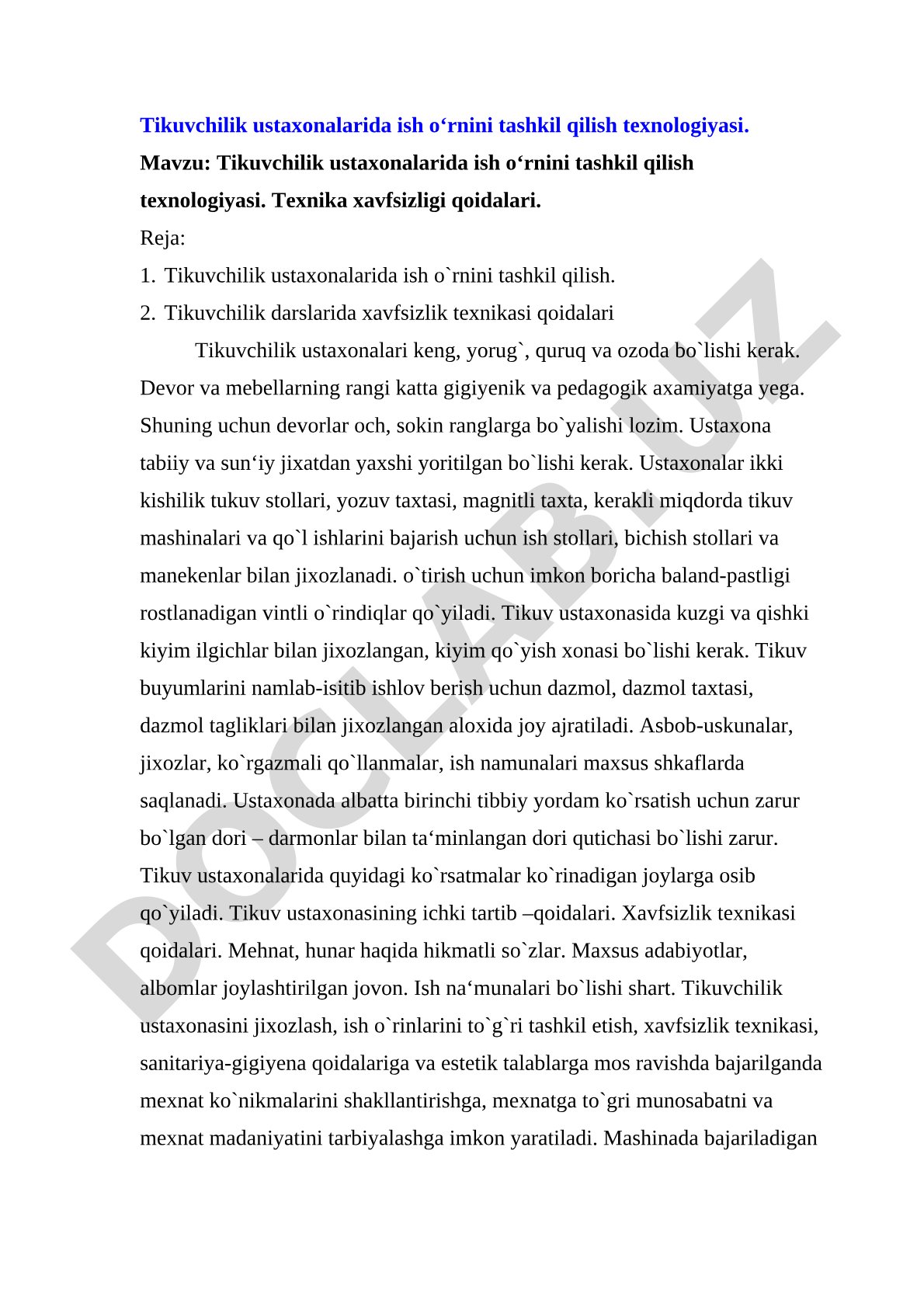 Tikuvchilik ustaxonalarida ish o‘rnini tashkil qilish texnologiyasi