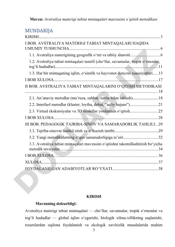 Avstraliya materigi tabiat mintaqalari mavzusini o‘qitish metodikasi