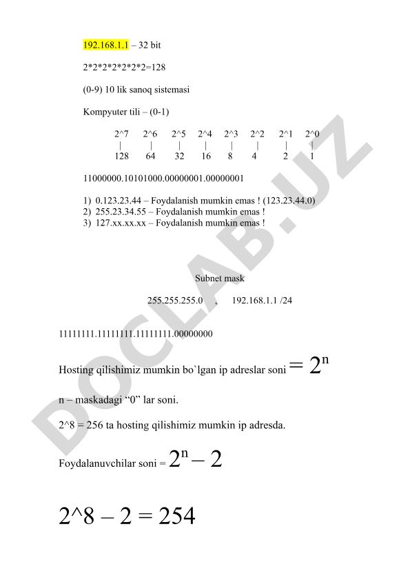 IP manzillari va tarmoq maskalari