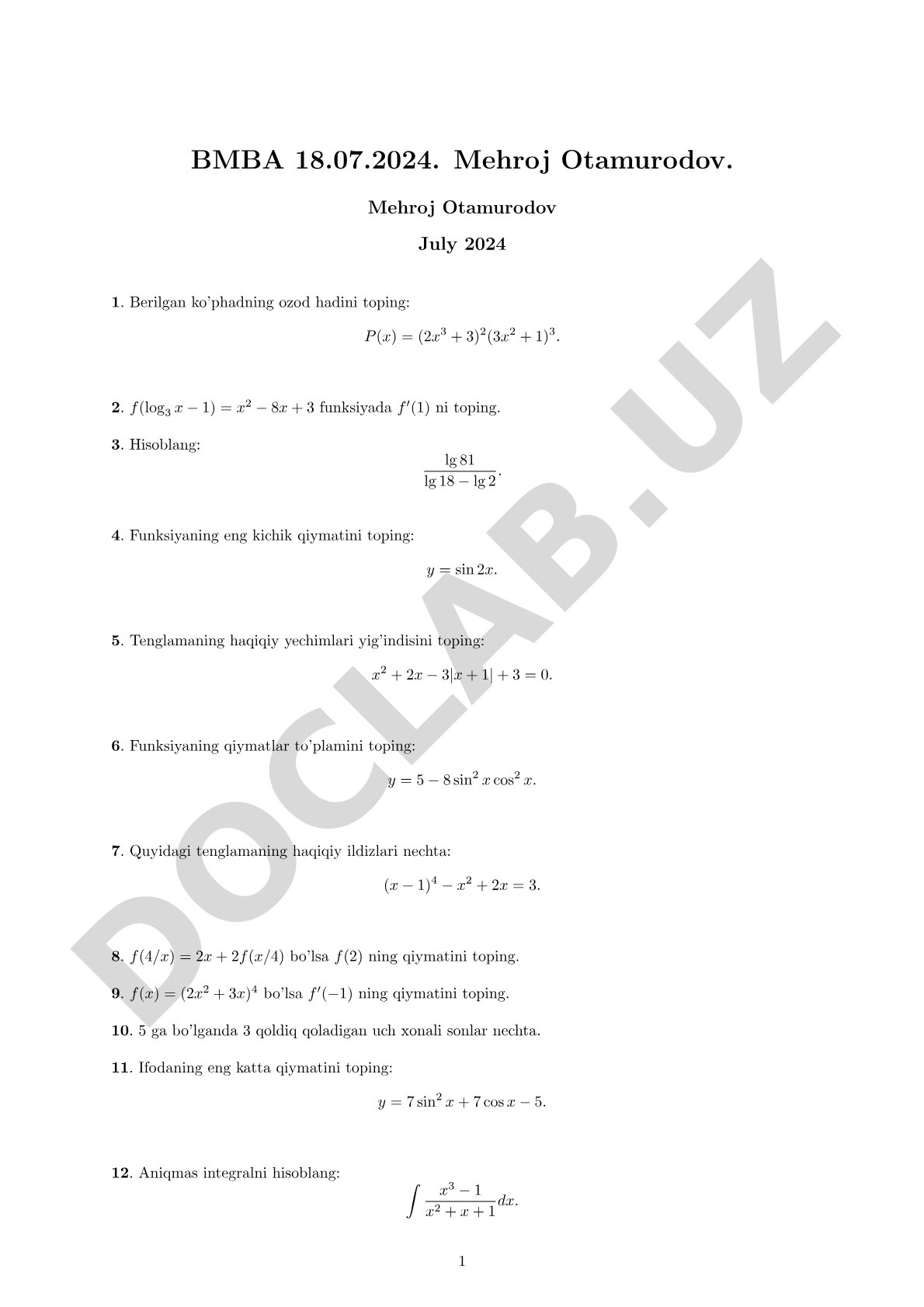 Matematik masalalar to'plami