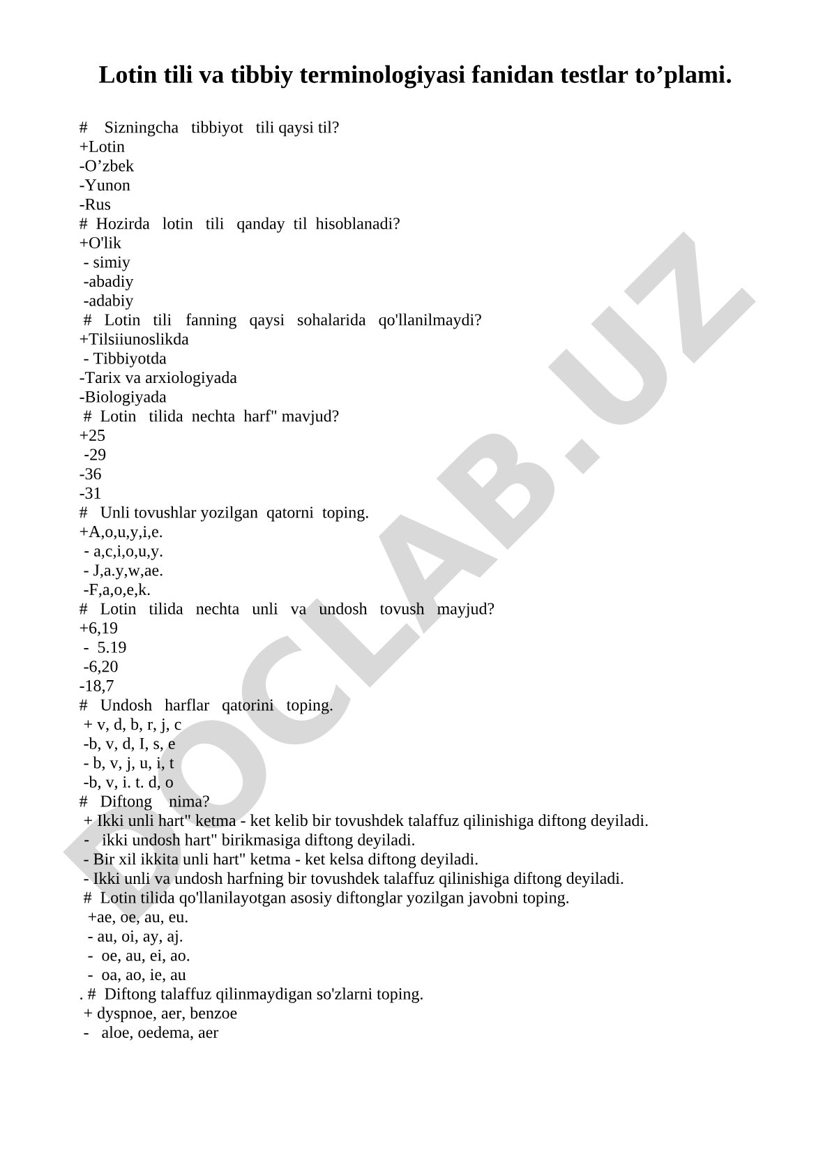 Lotin tili va tibbiy terminologiyasi fanidan testlar to'plami