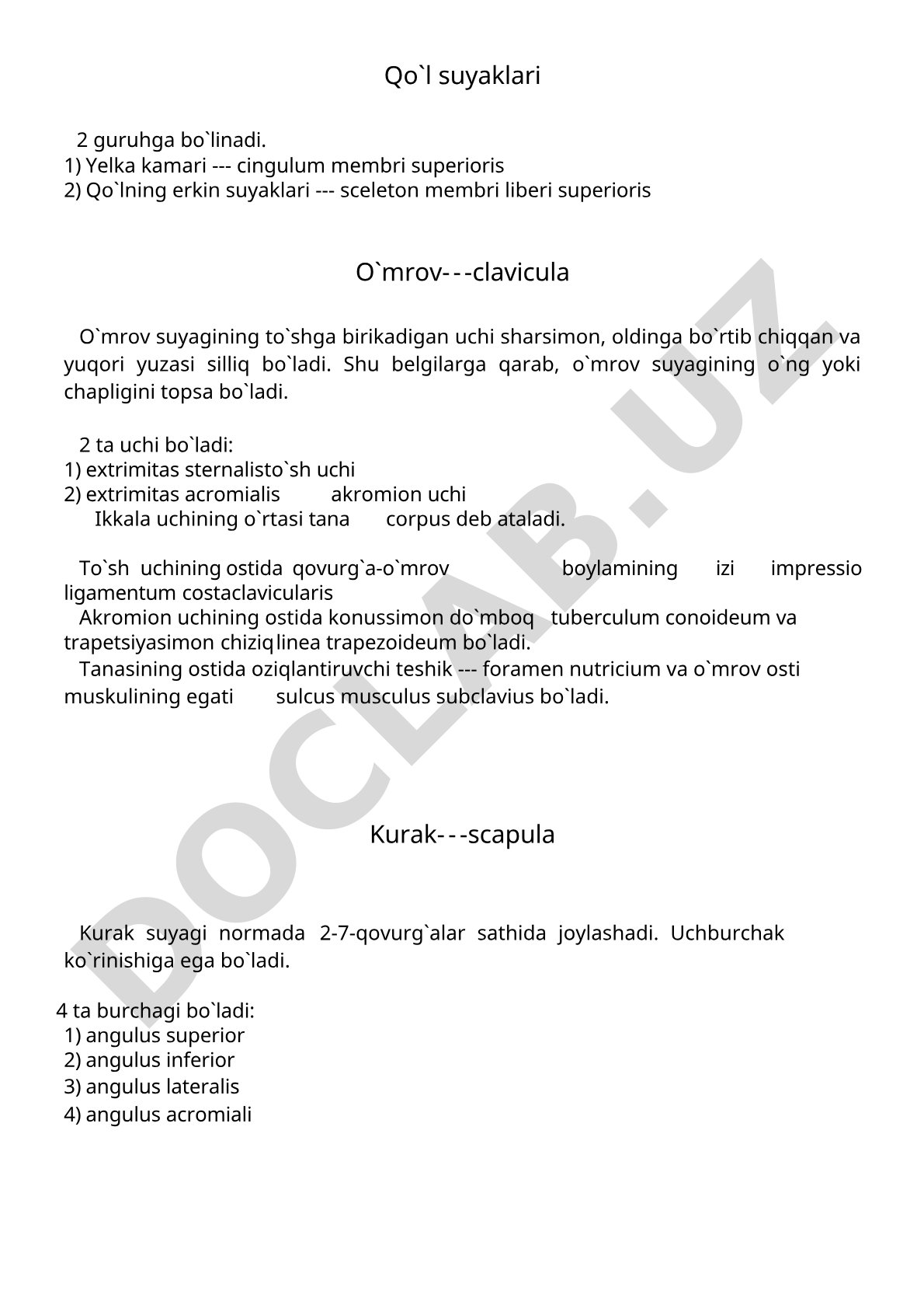 Qo'l suyaklari: o'mrov va kurak