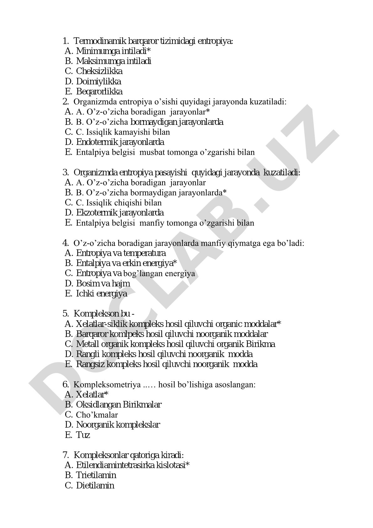 Termodinamika va kompleksometriya testlari
