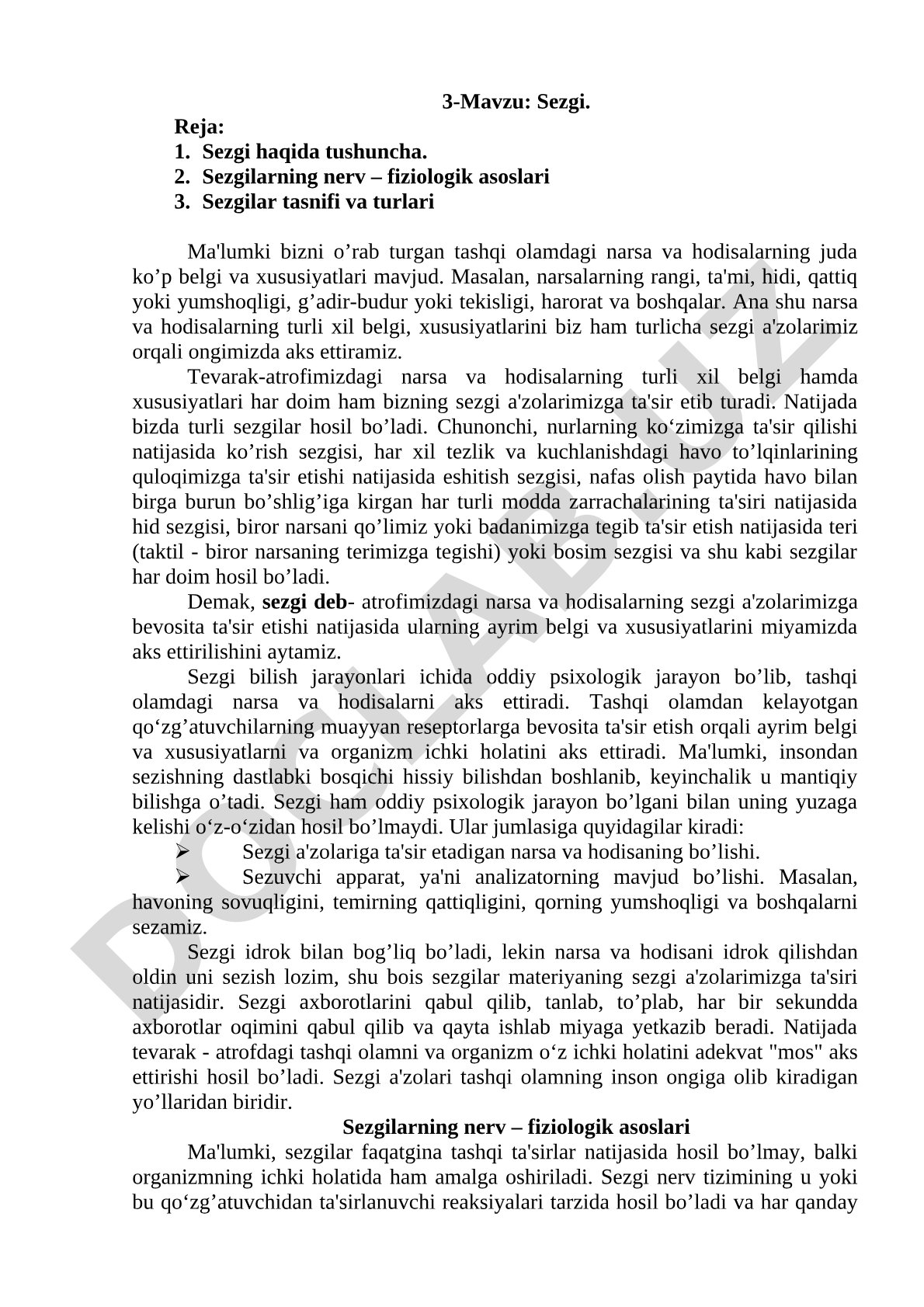 Sezgi haqida tushuncha, sezgilarning nerv-fiziologik asoslari, sezgilar tasnifi va turlari