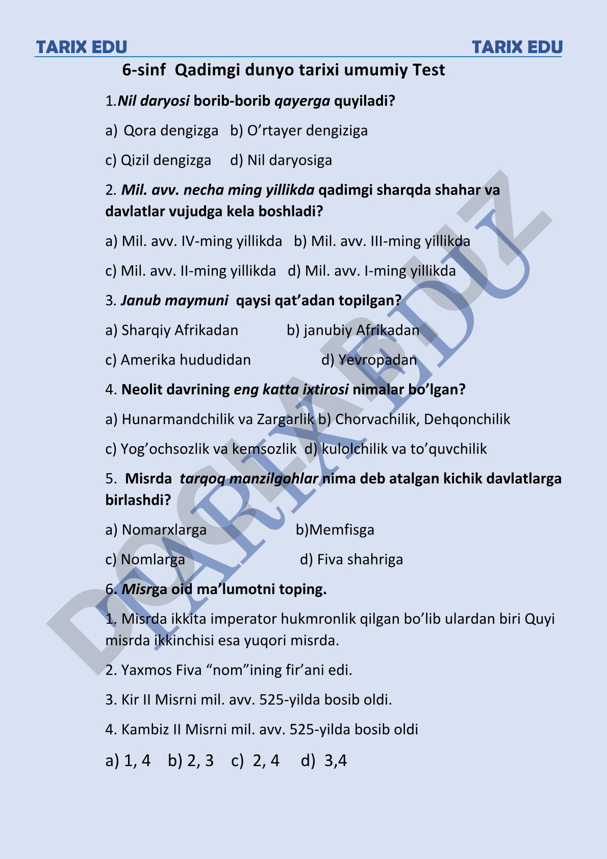 6-sinf Qadimgi dunyo tarixi umumiy test