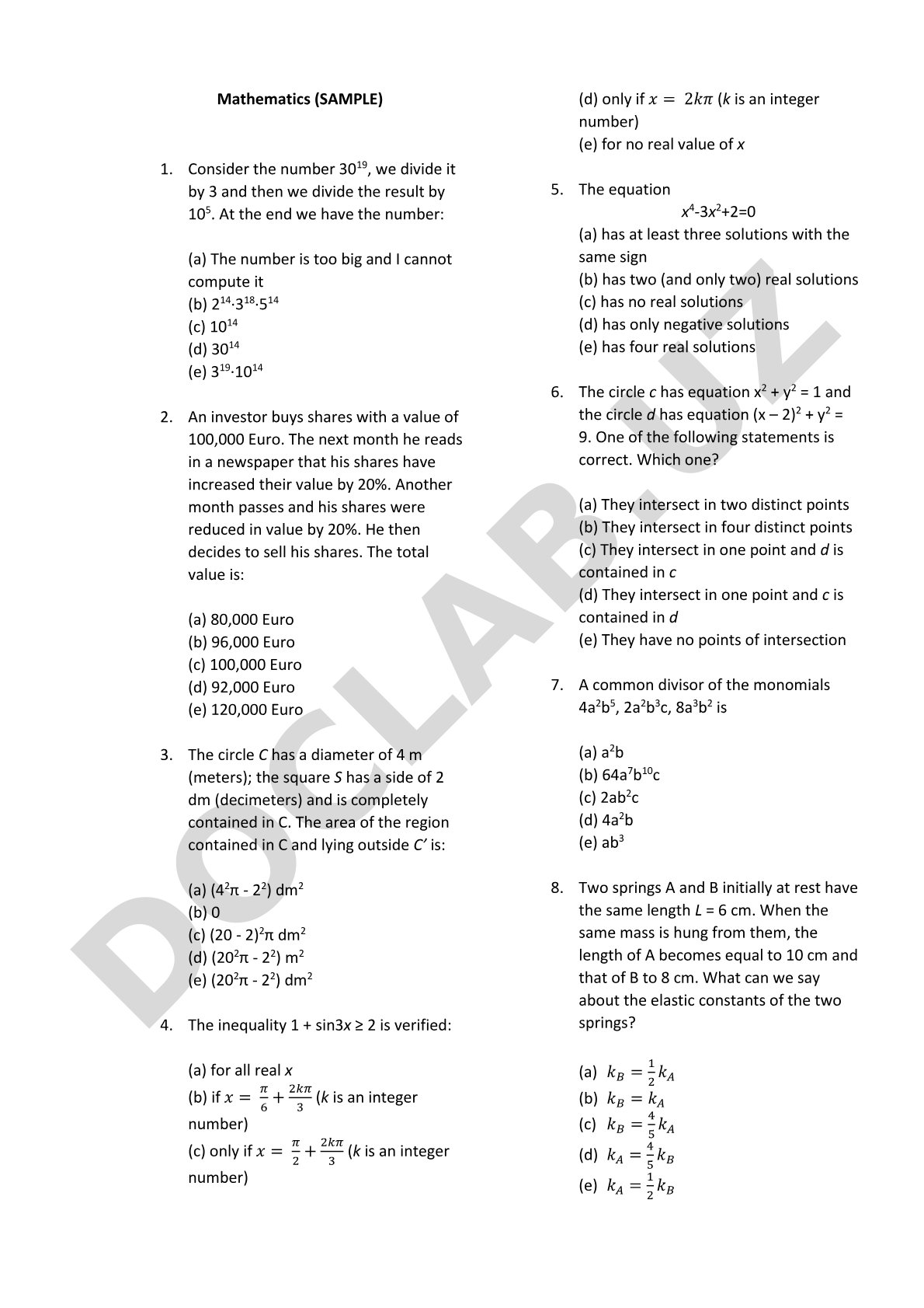 Mathematics sample test questions