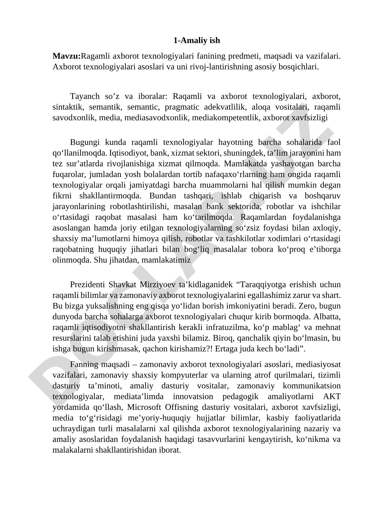 Raqamli axborot texnologiyalari fanining predmeti, maqsadi va vazifalari