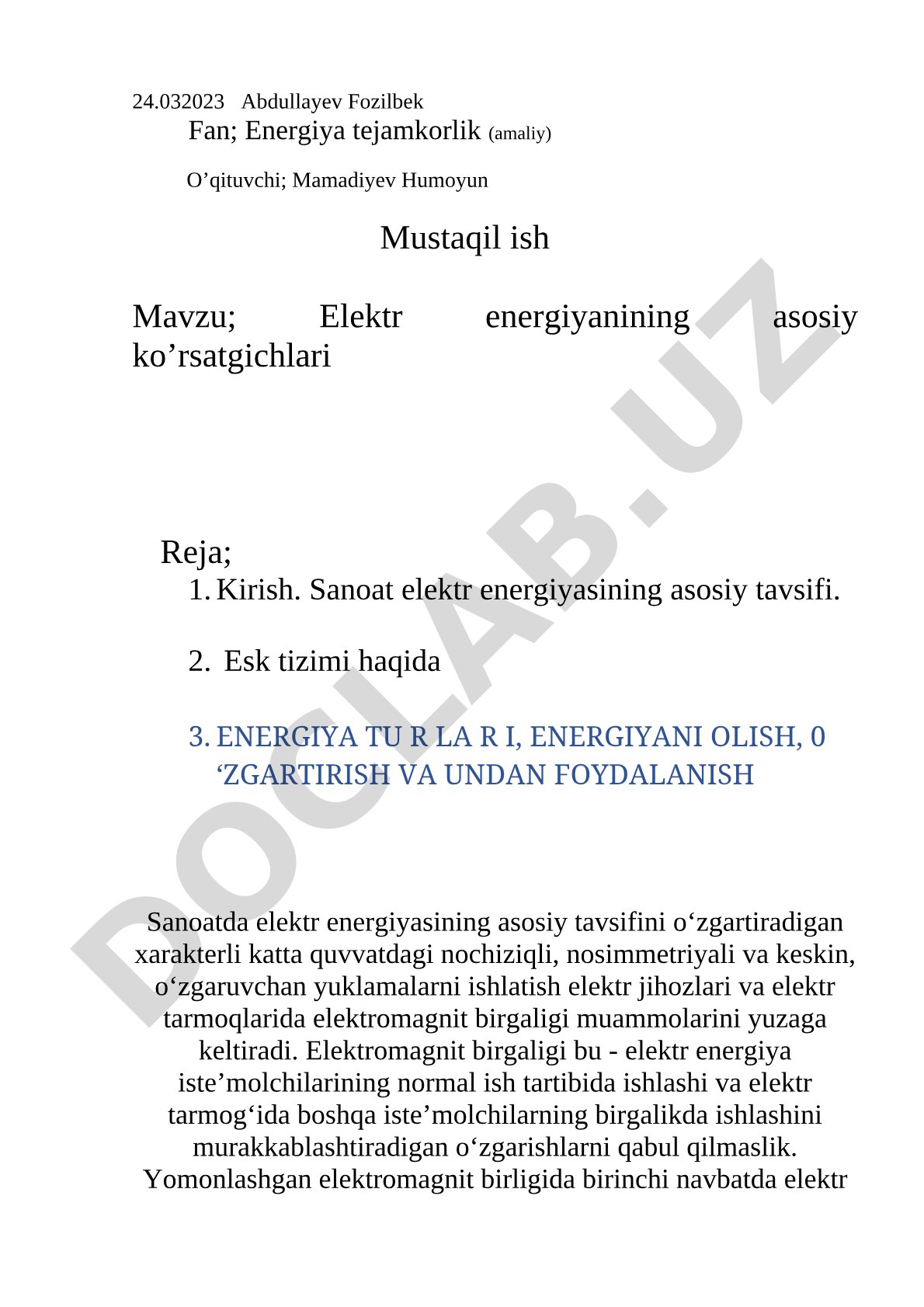 Elektr energiyanining asosiy ko'rsatgichlari