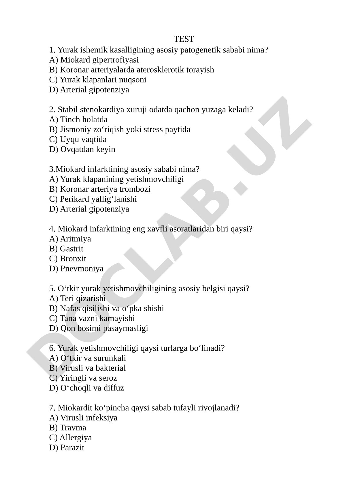 Yurak ishemik kasalligi va miokard infarkti test savollari