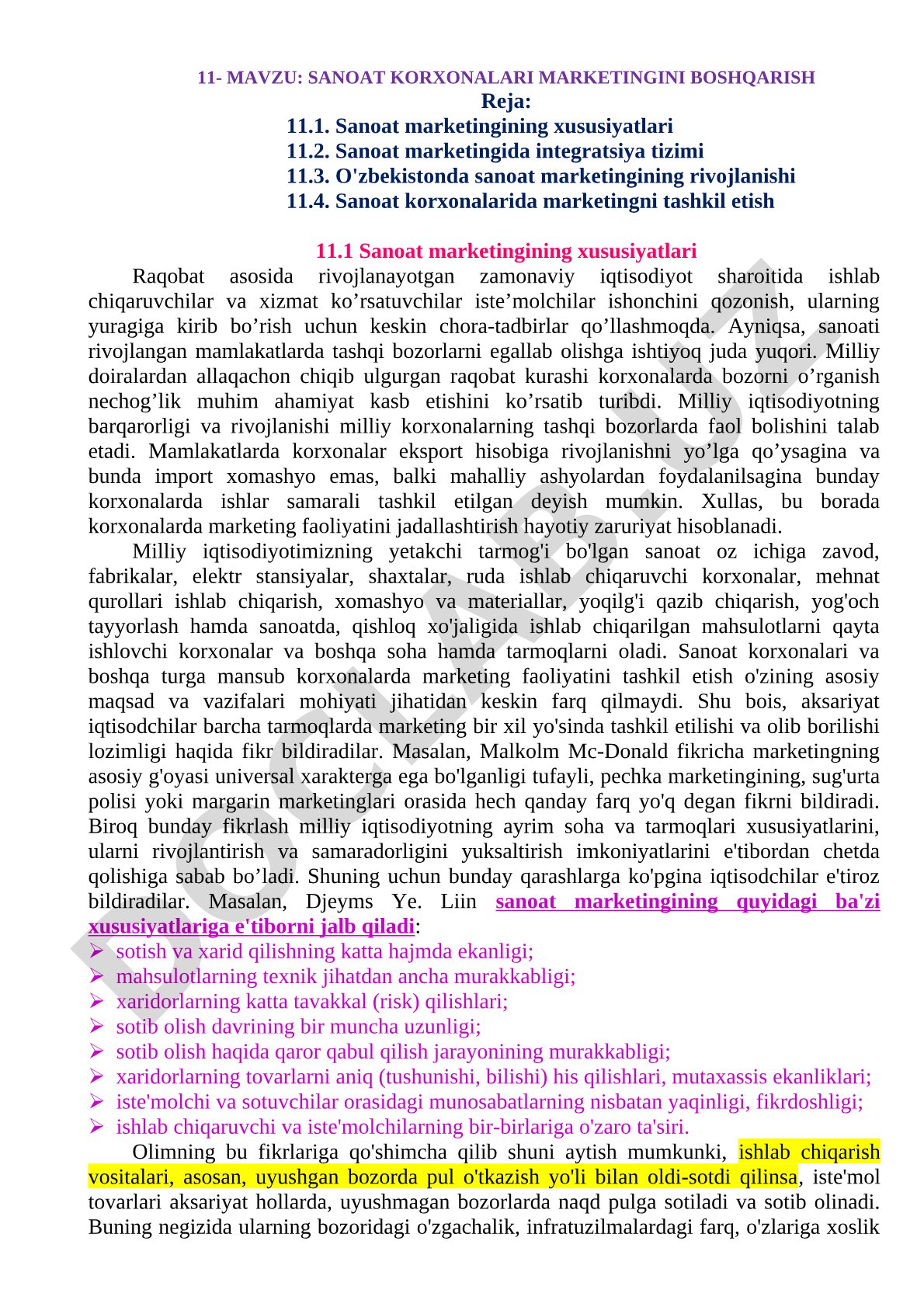 Sanoat korxonalari marketingini boshqarish