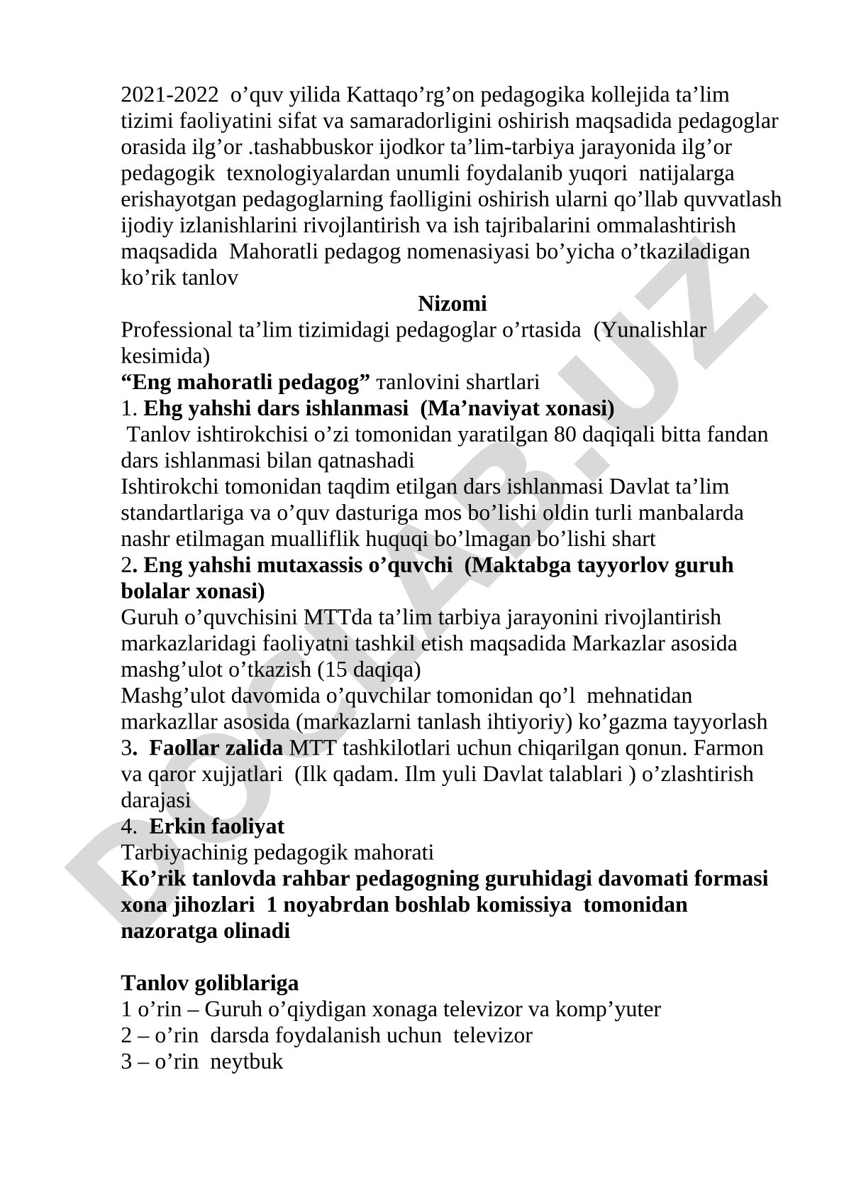 Mahoratli pedagog nomenasiyasi bo'yicha ko'rik tanlov Nizomi