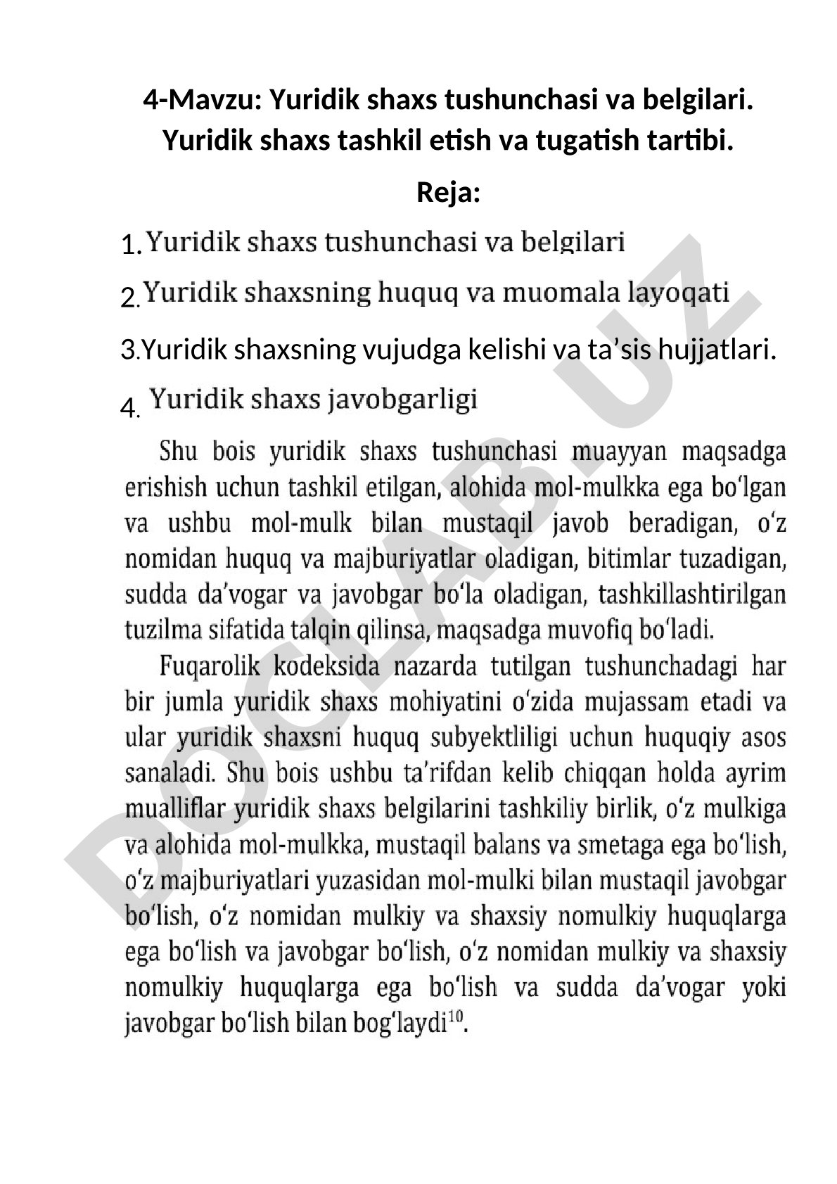 Yuridik shaxs tushunchasi va belgilari. Yuridik shaxs tashkil etish va tugatish tartibi
