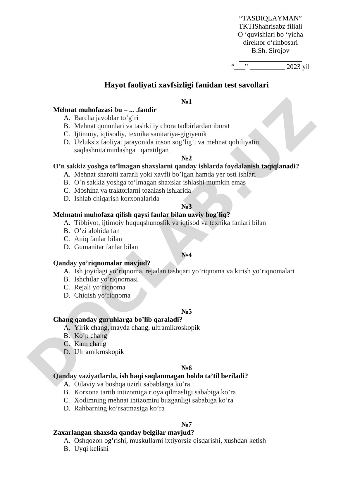 Hayot faoliyati xavfsizligi fanidan test savollari