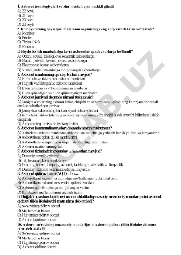 Axborot texnologiyalari test savollari