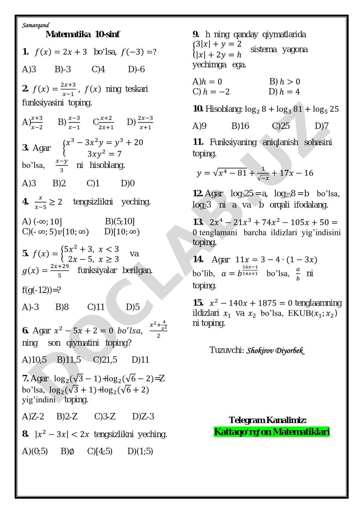 10-sinf matematika testi: funksiya, logarifmlar, tenglama va tengsizlikka oid savollar