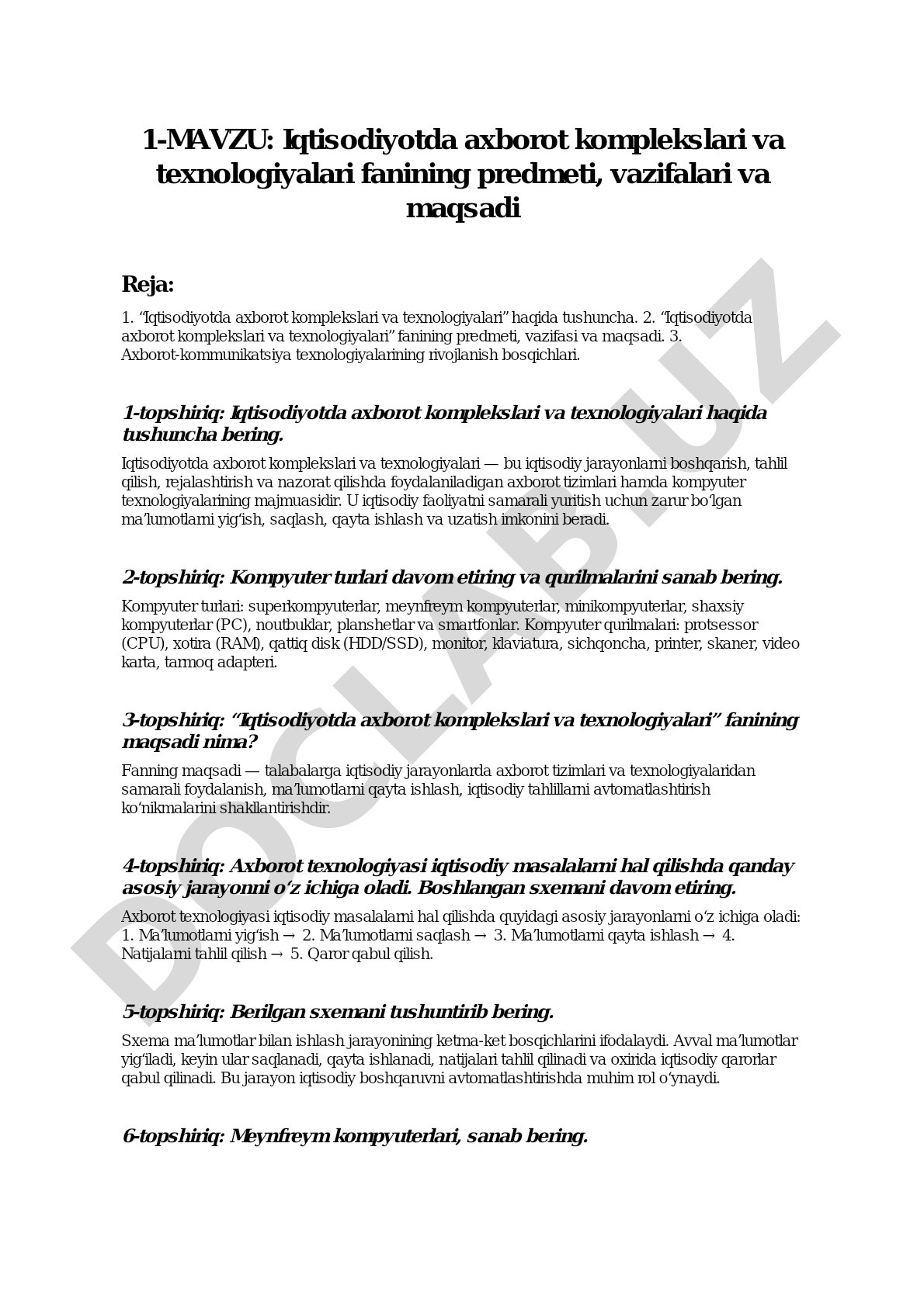 Iqtisodiyotda axborot komplekslari va texnologiyalari fanining predmeti, vazifalari va maqsadi