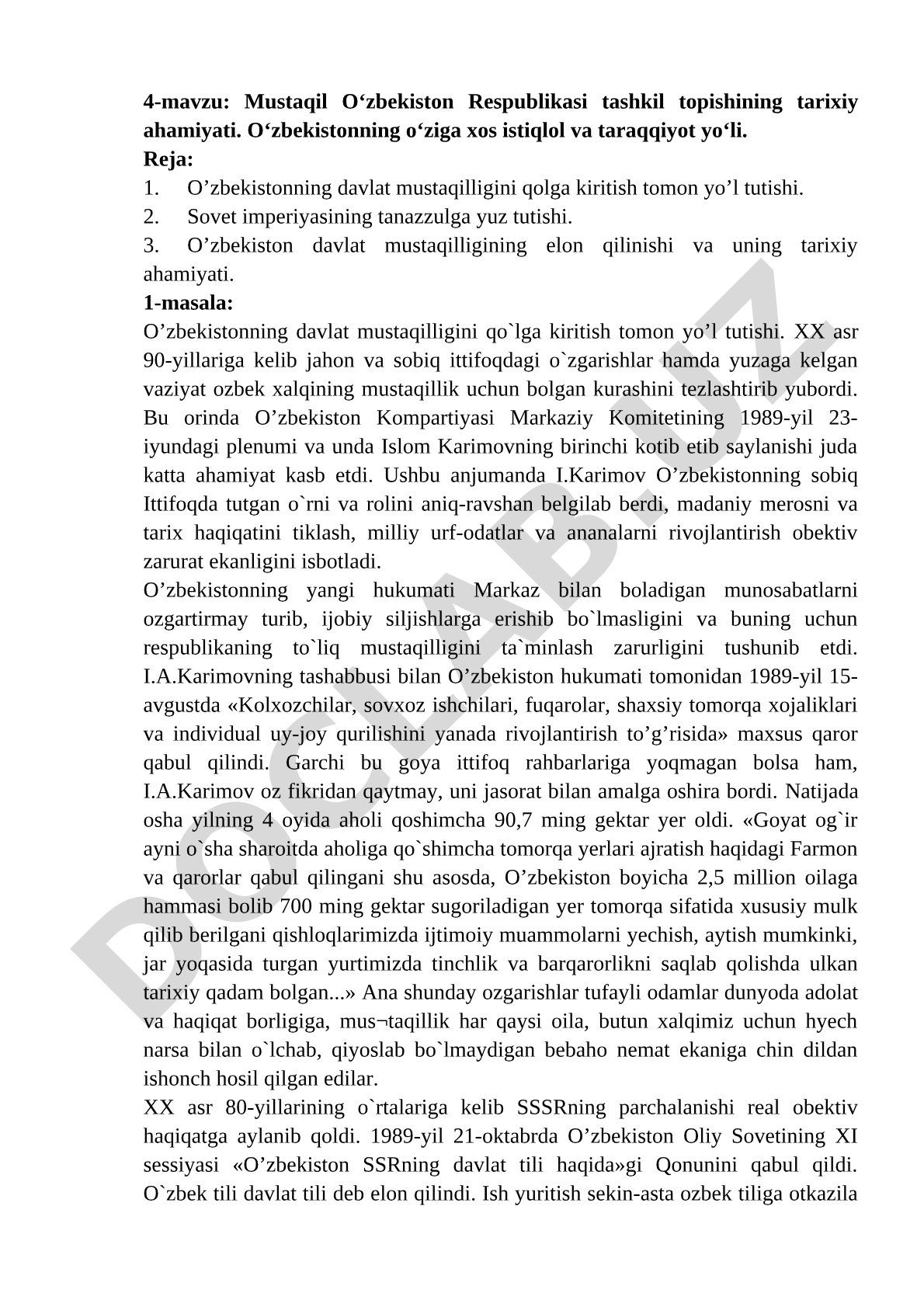 Mustaqil O‘zbekiston Respublikasi tashkil topishining tarixiy ahamiyati
