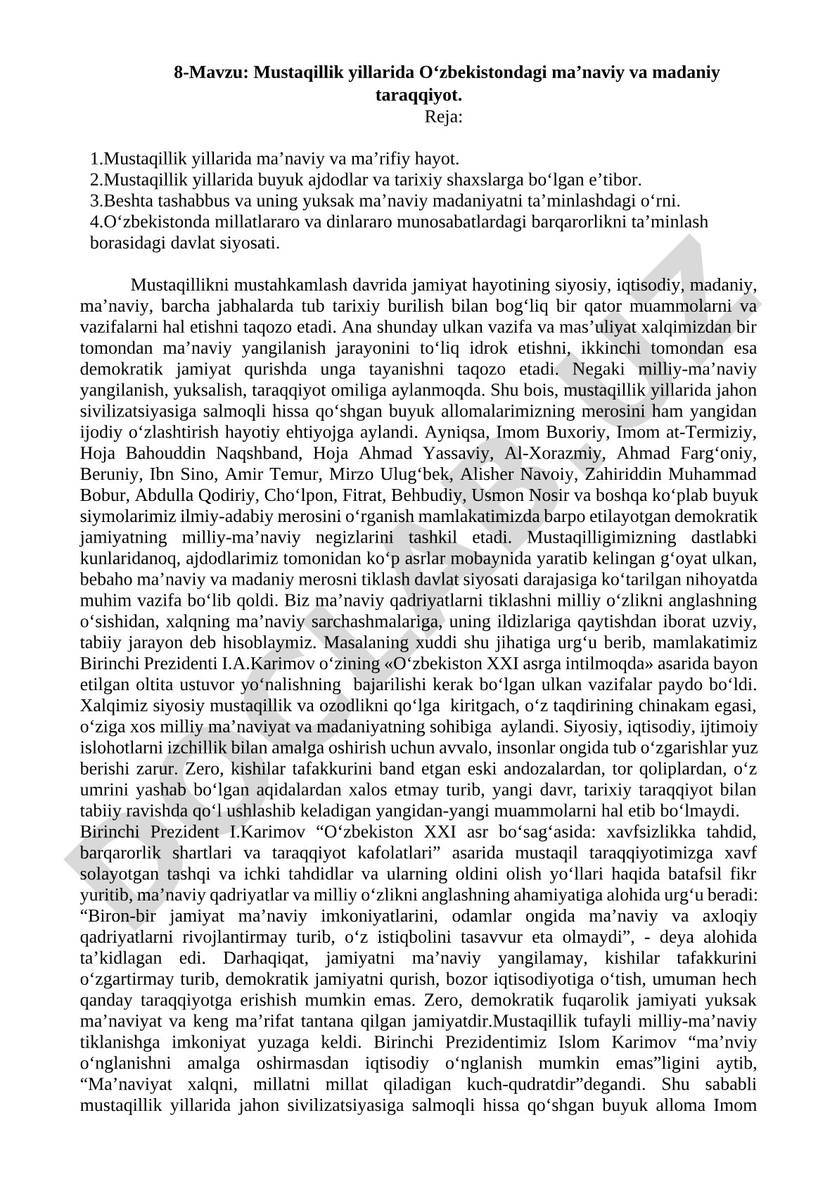 Mustaqillik yillarida O‘zbekistondagi ma’naviy va madaniy taraqqiyot