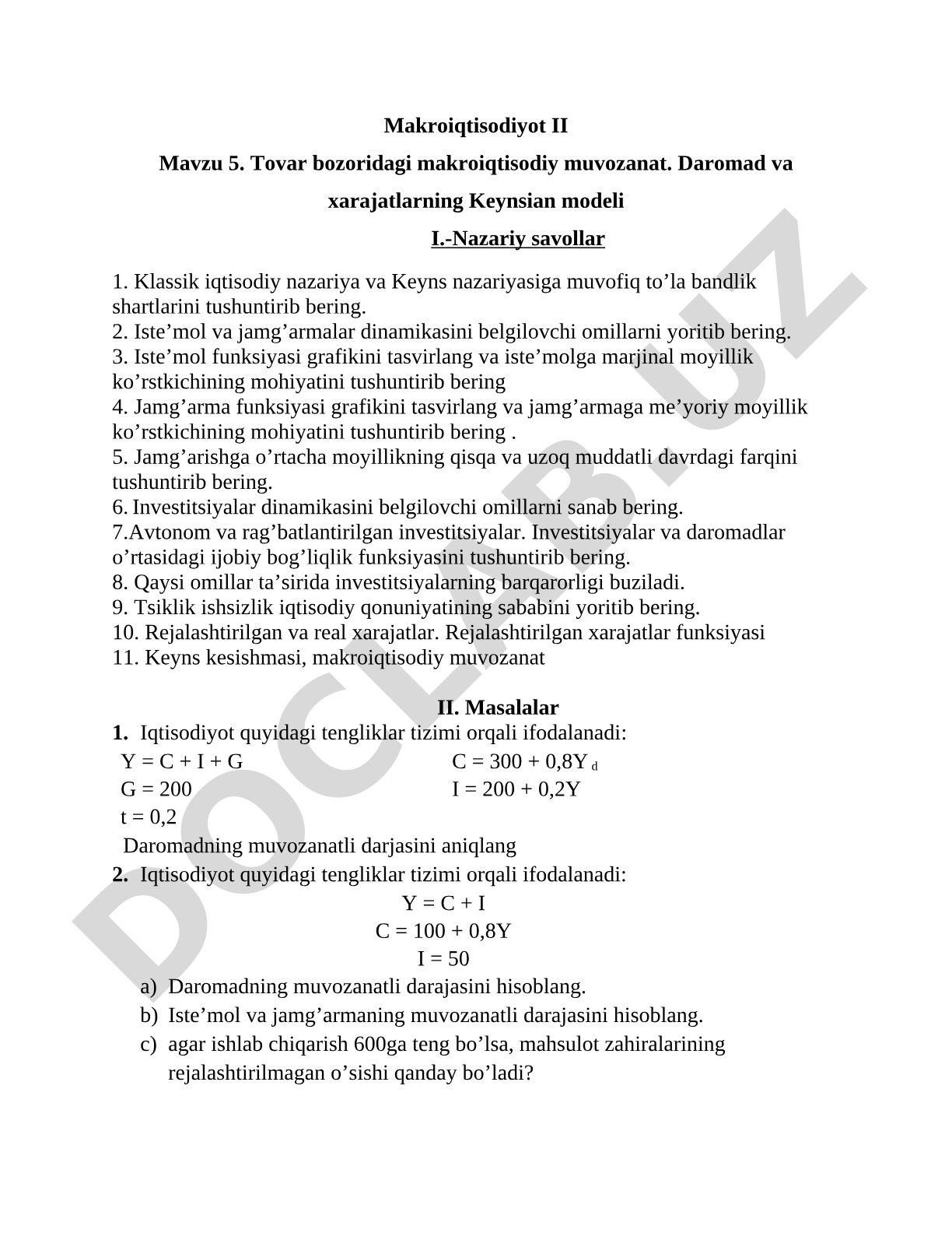 Tovar bozoridagi makroiqtisodiy muvozanat. Daromad va xarajatlarning Keynsian modeli