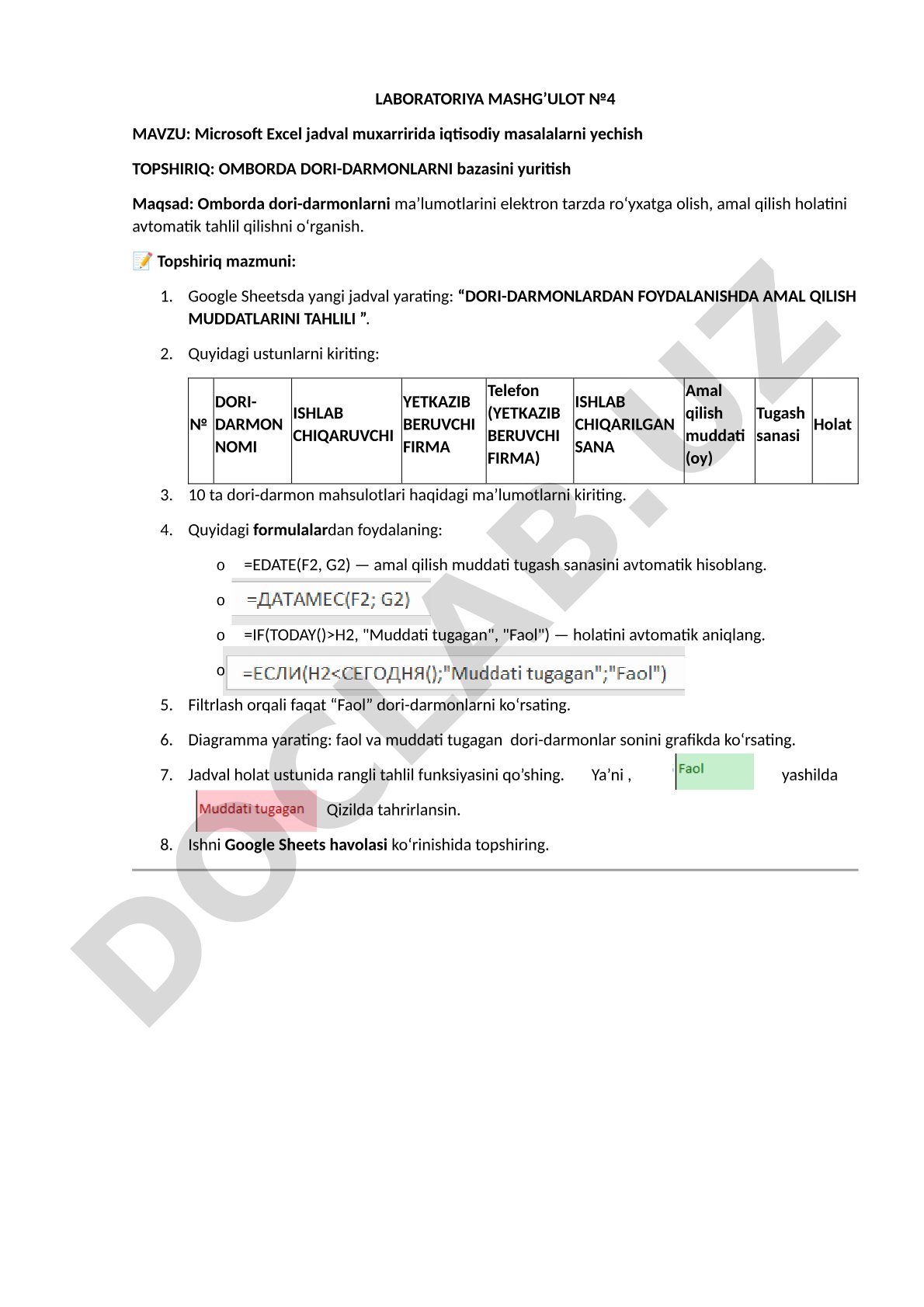 Microsoft Excel jadval muxarririda iqtisodiy masalalarni yechish