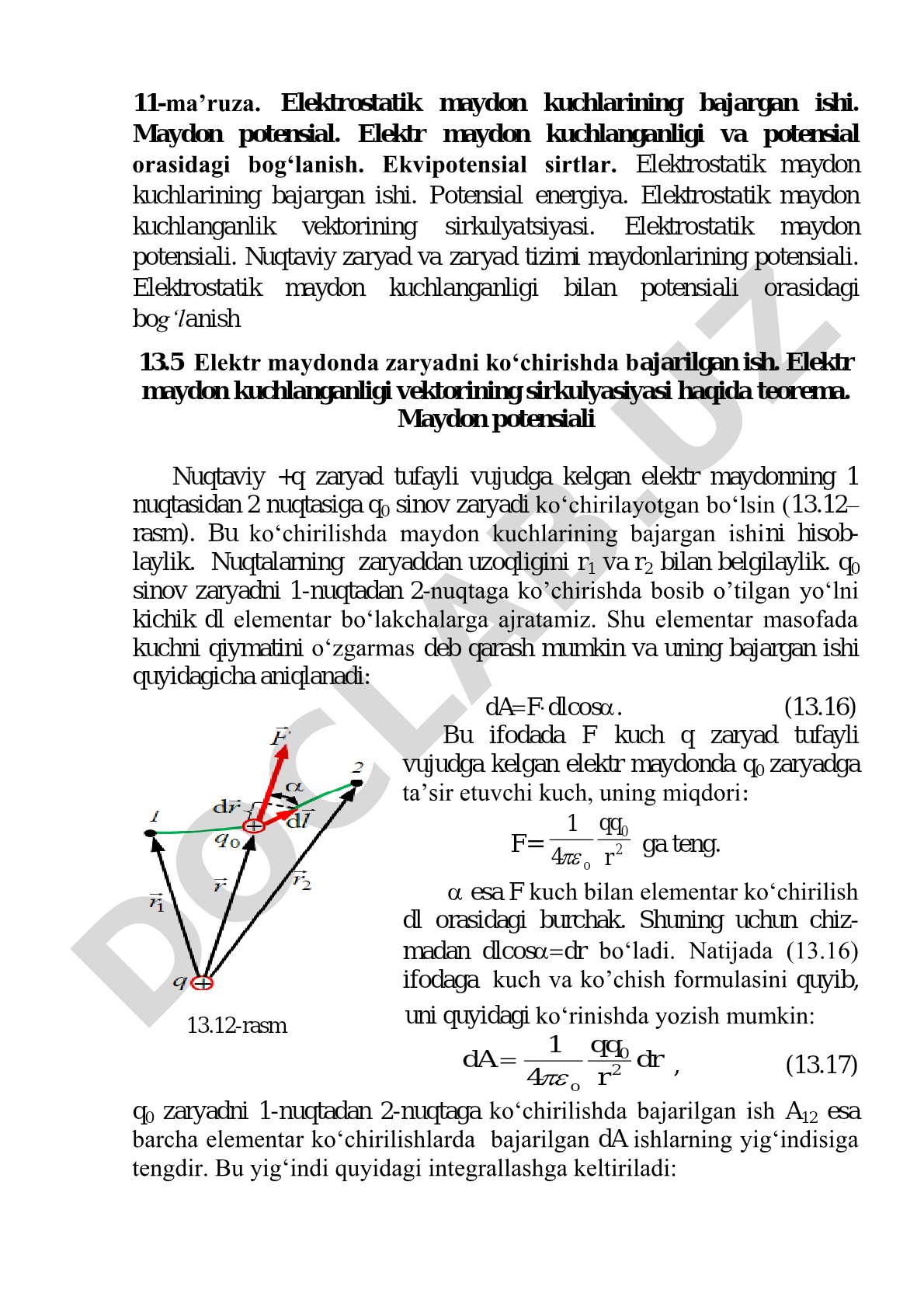 Elektrostatik maydon kuchlarining bajargan ishi