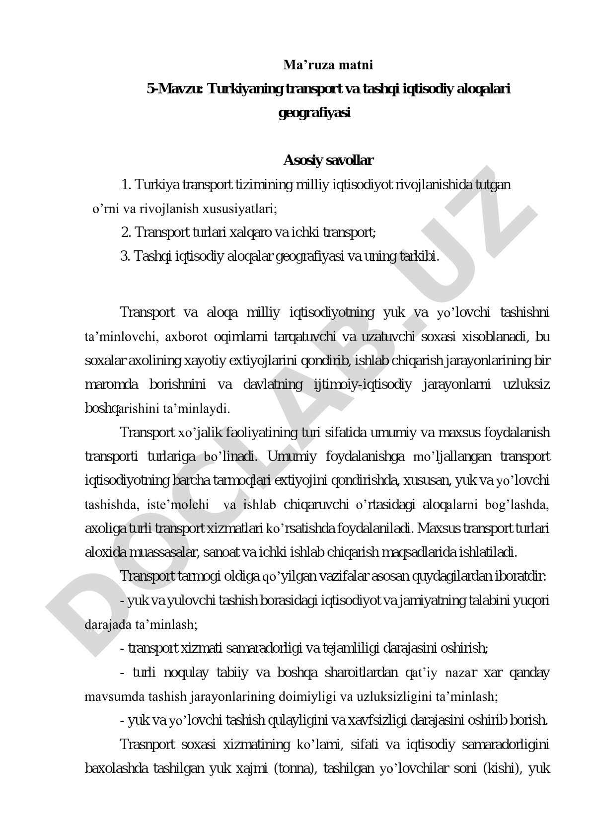 Turkiyaning transport va tashqi iqtisodiy aloqalari geografiyasi