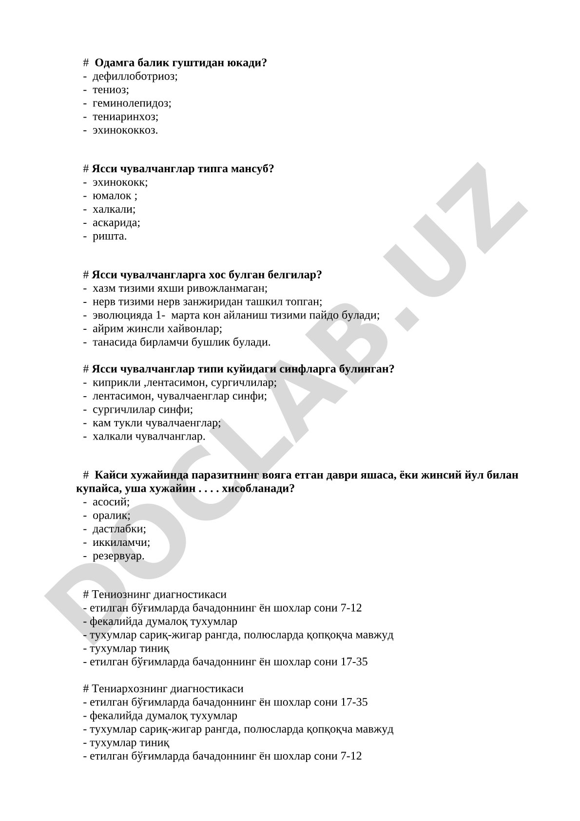Yassi chuvalchanglar va gelmintozlar diagnostikasi