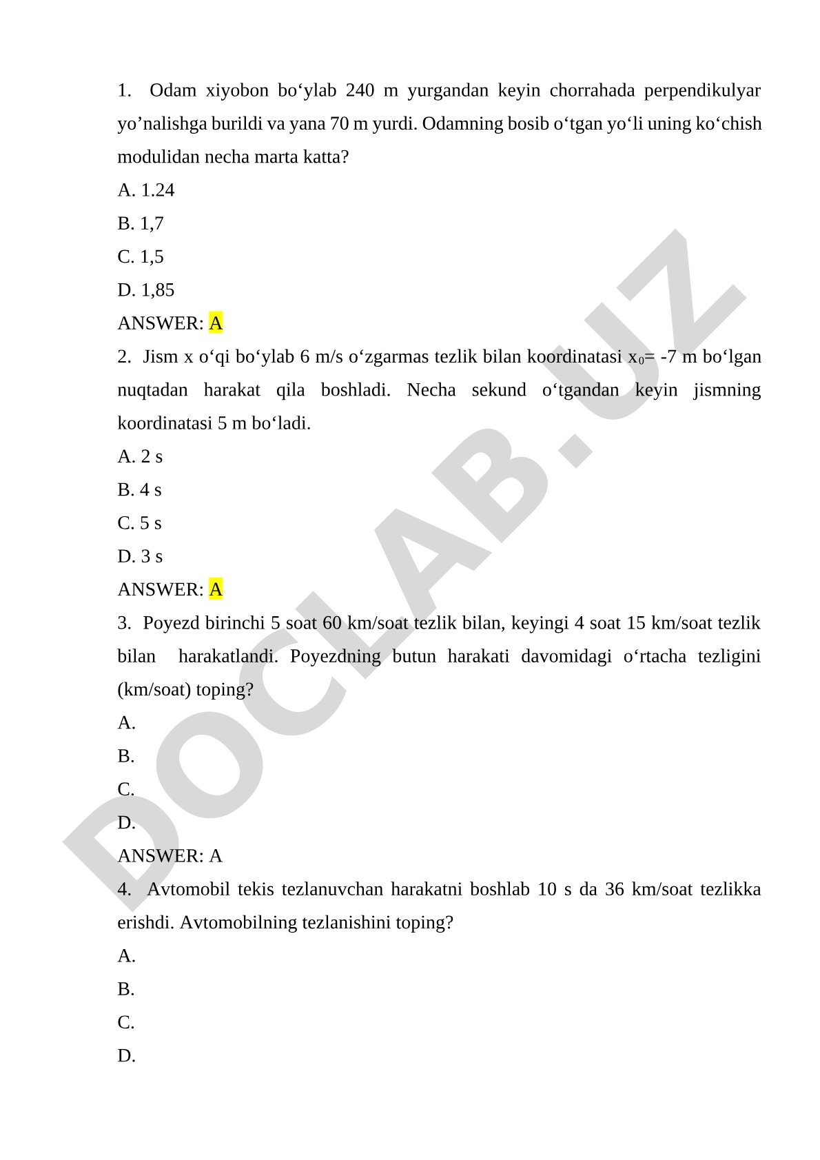 Kinematika bo'yicha fizika masalalari