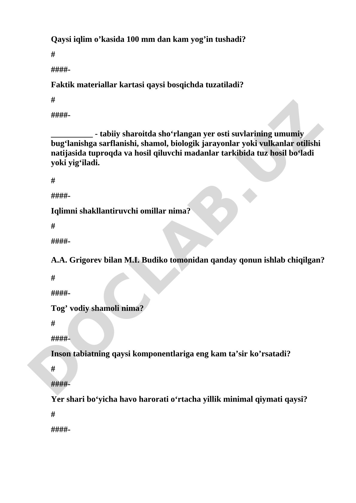 Geografiya fanidan turli mavzulardagi test savollari