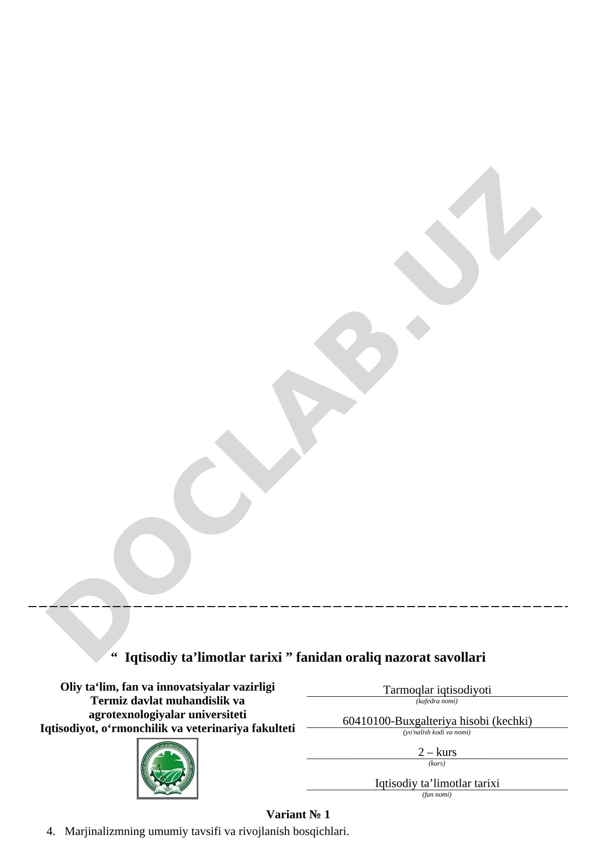 Iqtisodiy ta’limotlar tarixi oraliq nazorat savollari