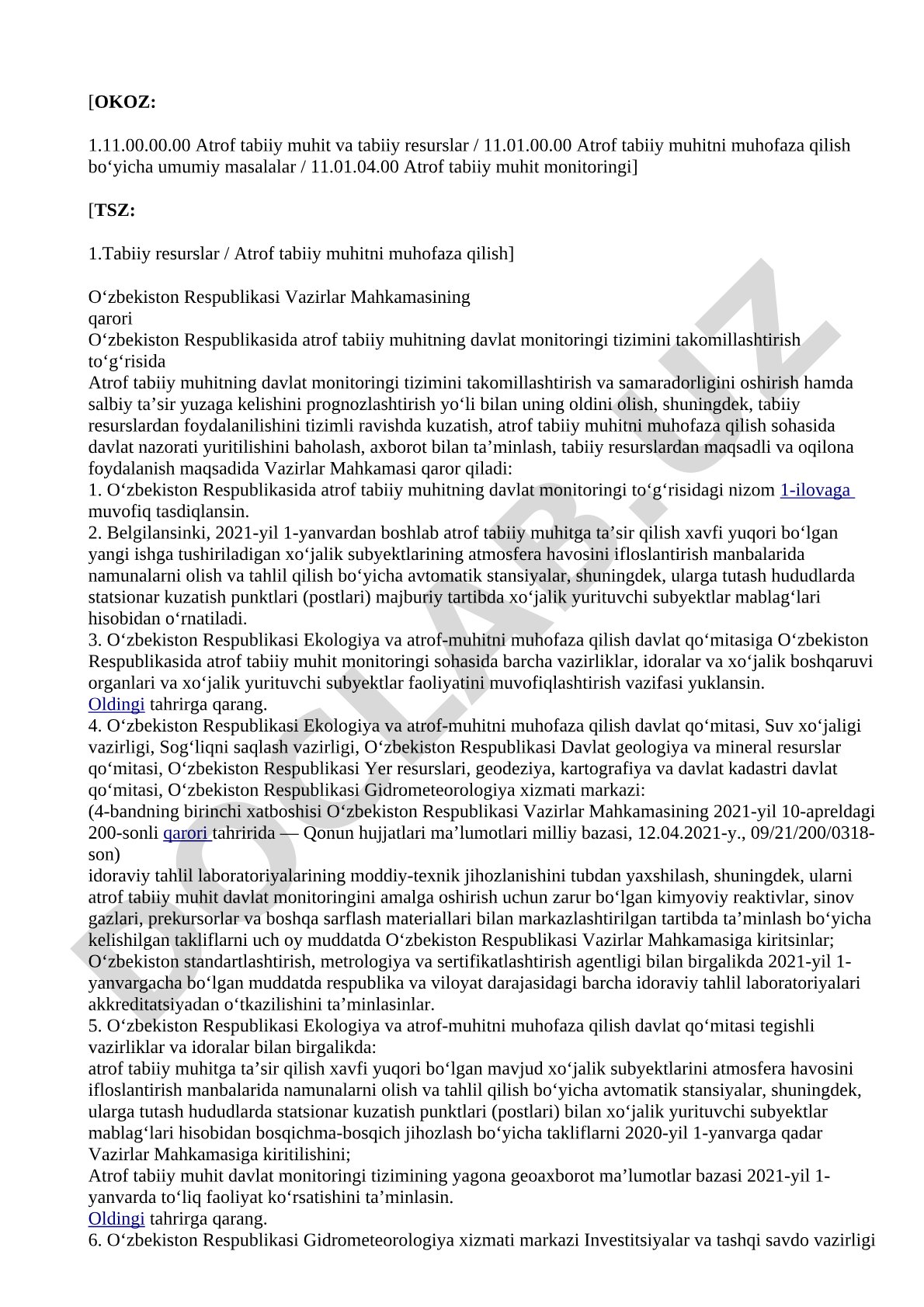 O‘zbekiston Respublikasida atrof tabiiy muhitning davlat monitoringi tizimini takomillashtirish