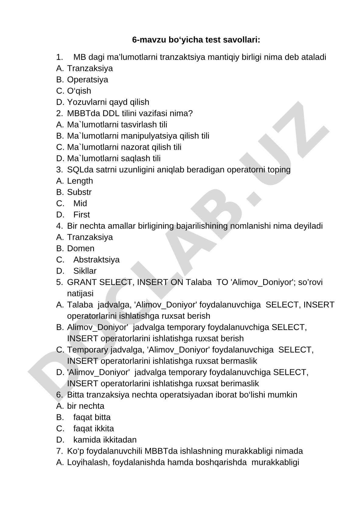 Ma'lumotlar bazasida tranzaksiya va SQL test savollari