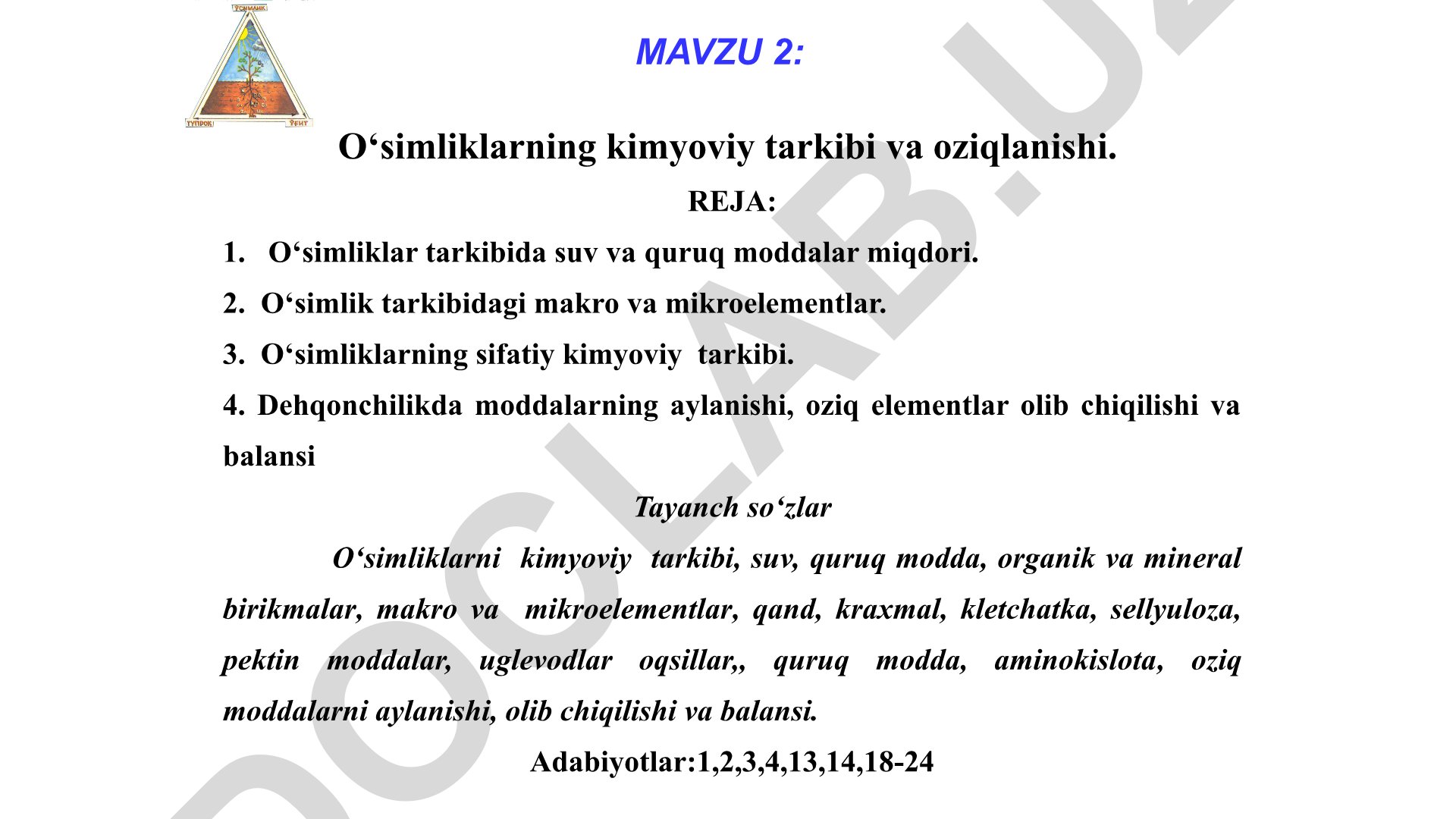 O‘simliklarning kimyoviy tarkibi va oziqlanishi