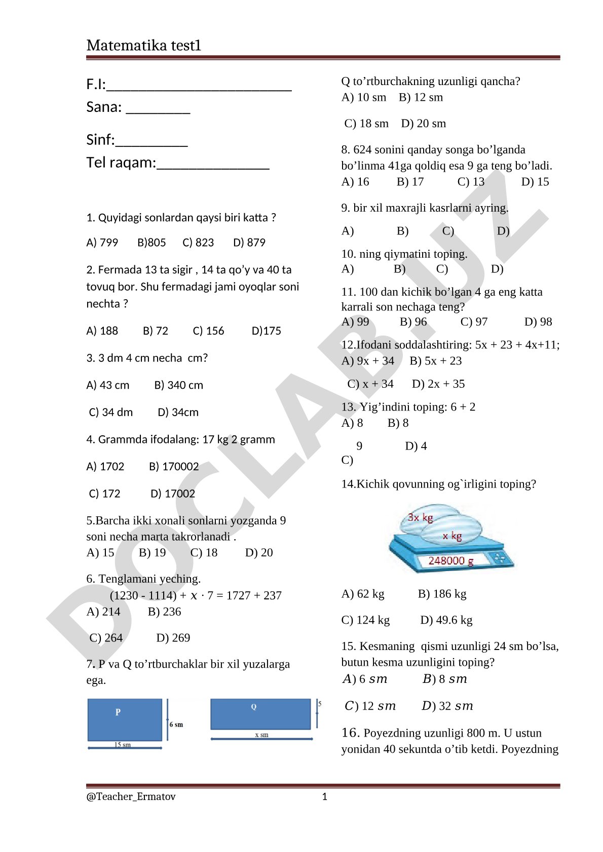 Ushbu test 14 ta matematik misol va masaladan iborat