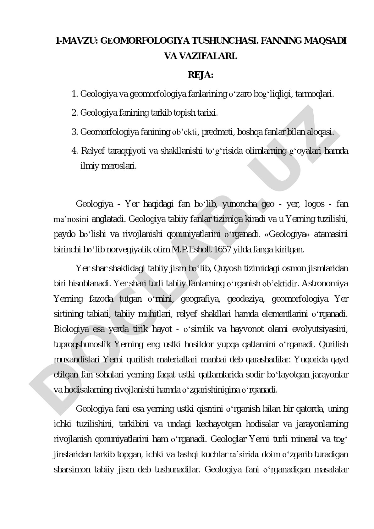 Geomorfologiya tushunchasi. Fanning maqsadi va vazifalari