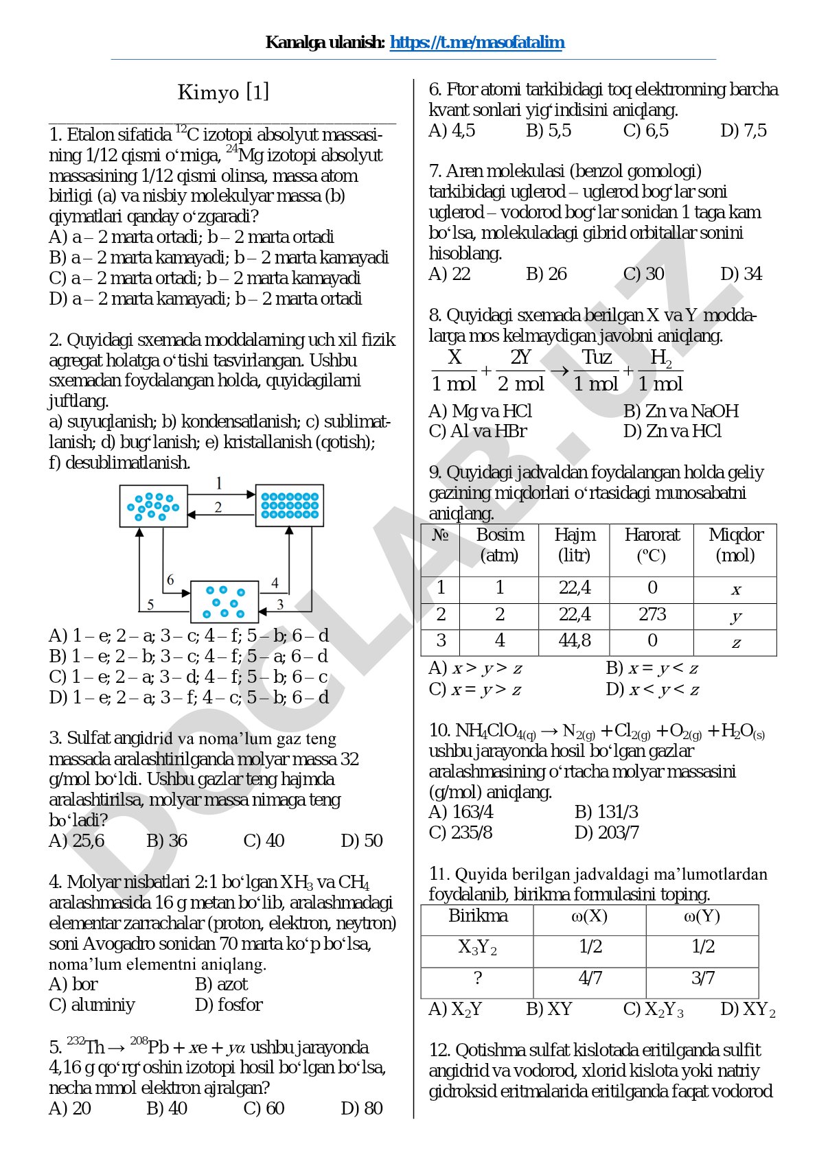 Kimyo fanidan test savollari