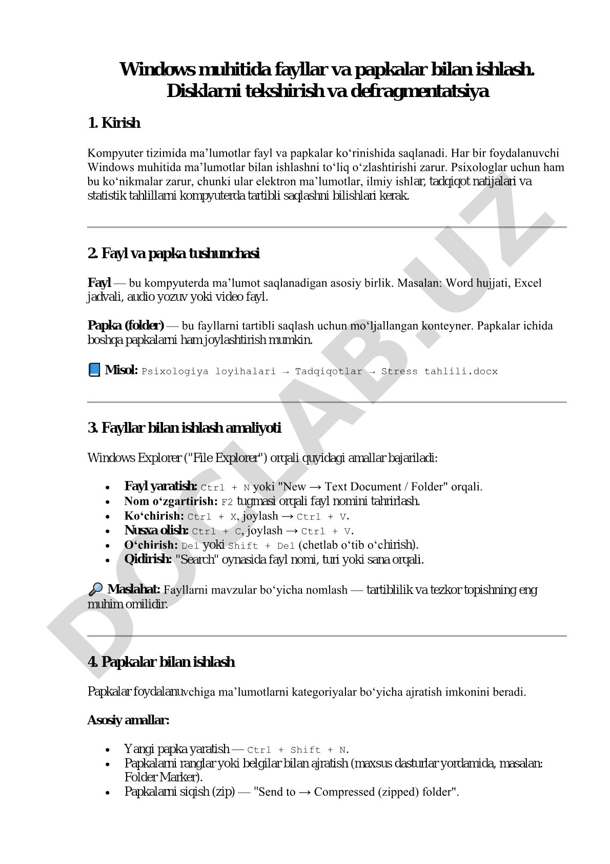 Windows muhitida fayllar va papkalar bilan ishlash, disklarni tekshirish va defragmentatsiya