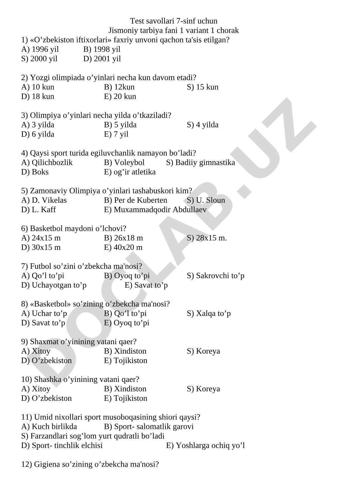 Test savollari 7-sinf uchun Jismoniy tarbiya fani 1 variant 1 chorak