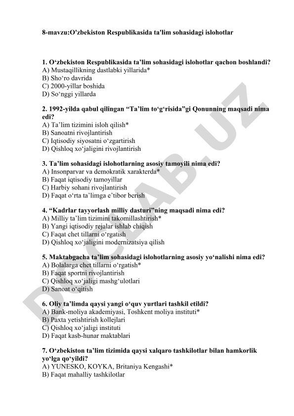 O'zbekiston Respublikasida ta'lim sohasidagi islohotlar