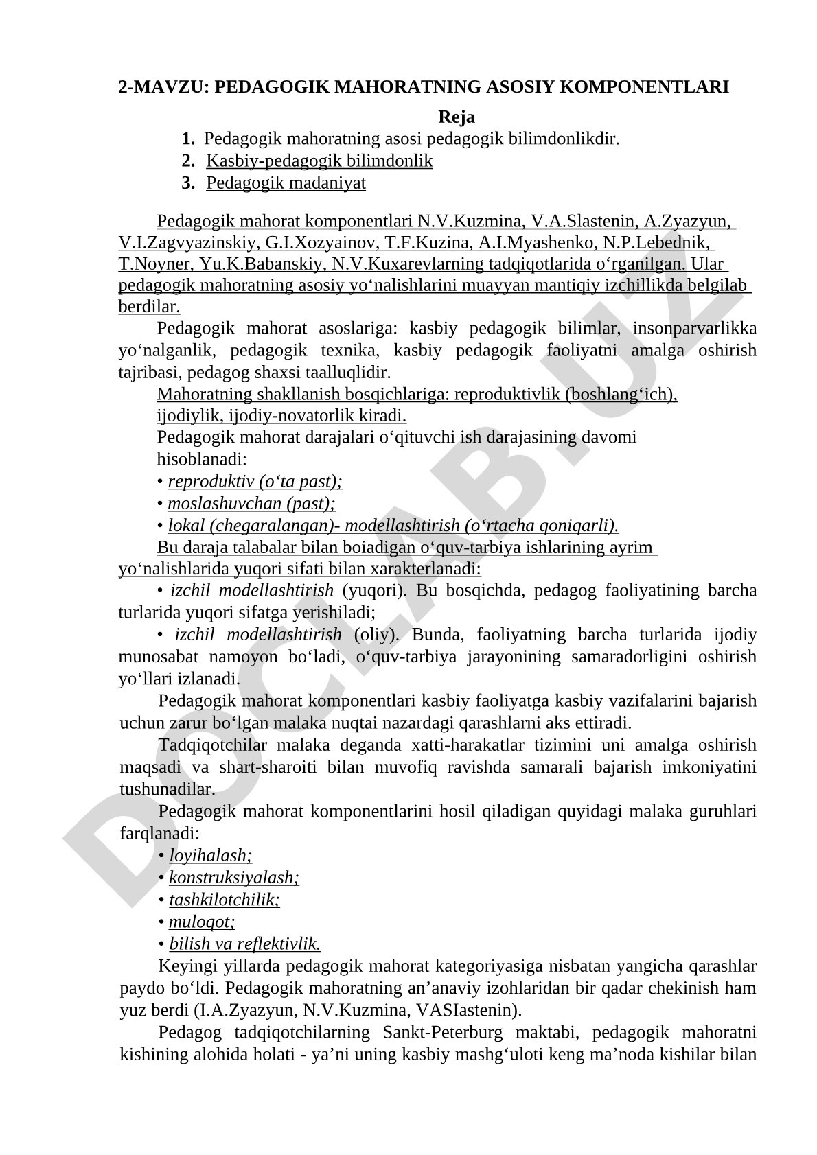 Pedagogik mahoratning asosiy komponentlari