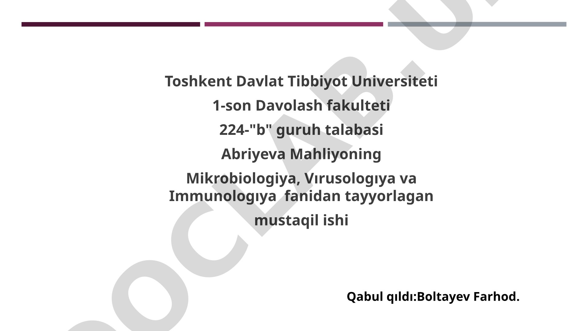 Kasalxona ichida tarqaluvchi yuqumli kasalliklar qoʻzgʻatuvchilari va ularning labaratoriya diagnostikasi