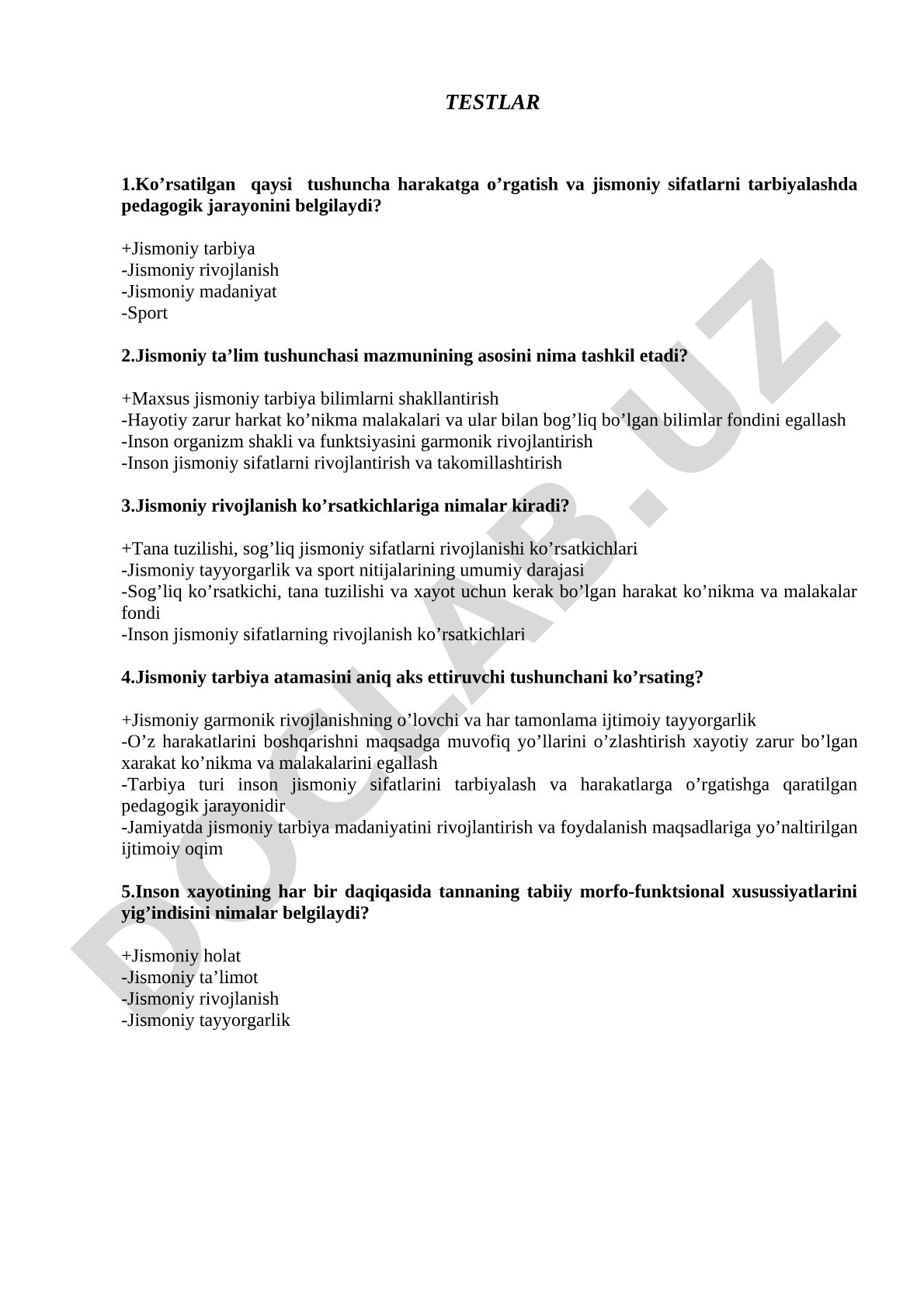 Jismoniy tarbiya fanidan testlar