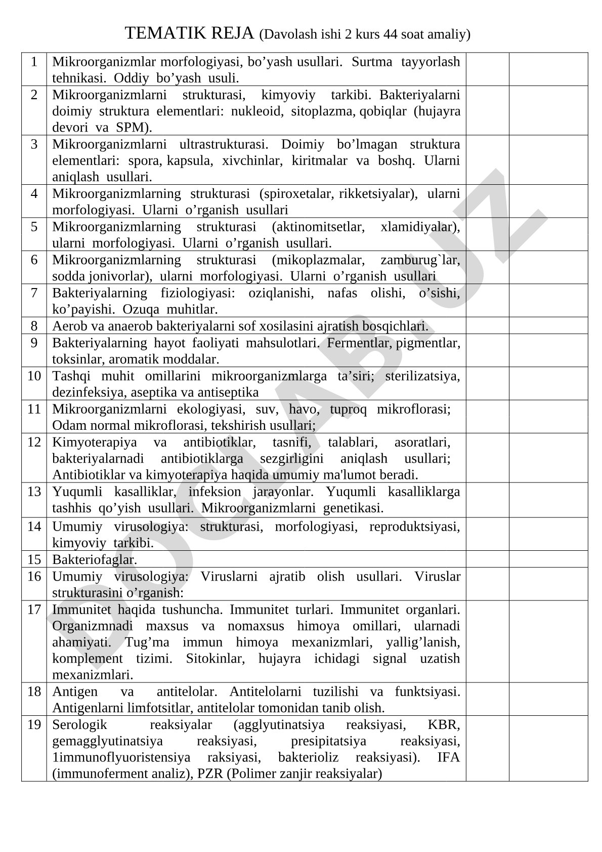 Mikroorganizmlar morfologiyasi va fiziologiyasi bo'yicha tematik reja